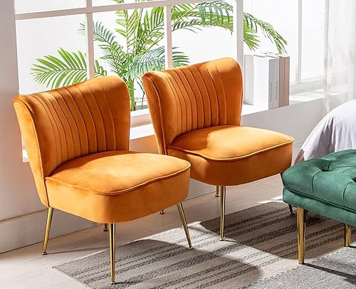 Miniatura 9 de Juego de 2 sillas decorativas de terciopelo, sillas laterales tapizadas, modernas de mediados de siglo, con patas doradas, para habitación de