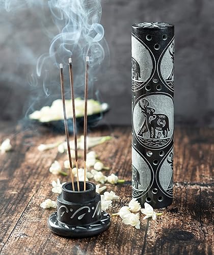 Miniatura 4 de Crocon Quemador de incienso hecho a mano de mármol rojo con forma cuadrada de hoja y media rueda, diseño de torre  Portavelas de té  Hogar y cocina,