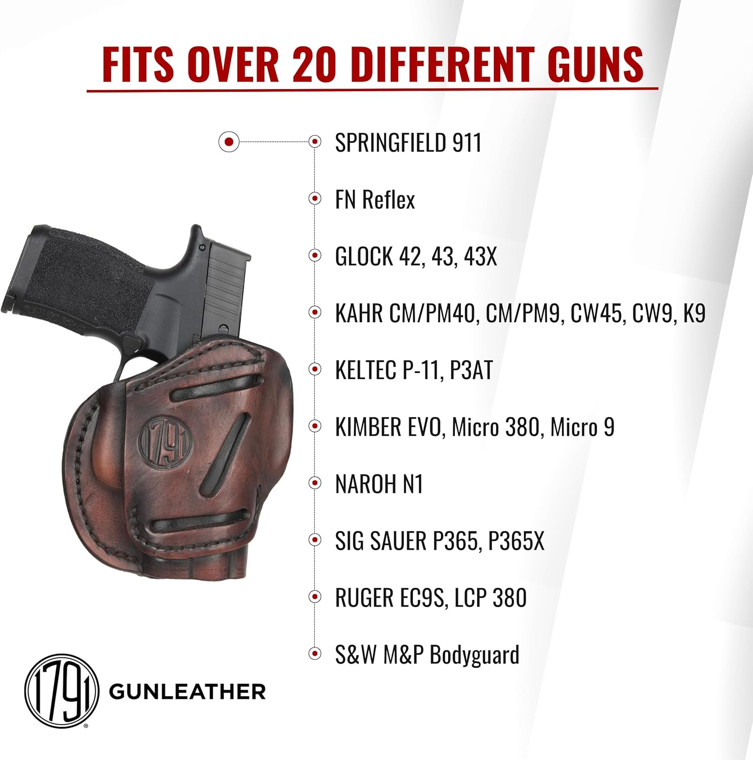 1791 GunLeather 3-Way P365 Holster - Ambidextrous OWB CCW Leather Gun Holster - Fits Sig Sauer P365, Ruger LCP 380, SW Bodyguard