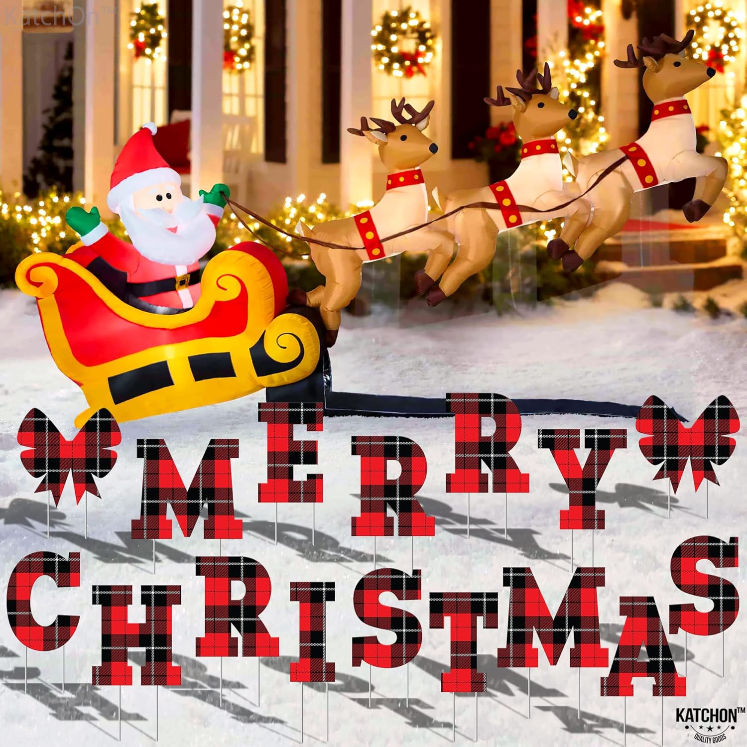 KatchOn Buffalo Plaid Merry Christmas Yard Signs with Stakes - Pack of 16 | Outdoor Christmas Signs for Lawn Decorations