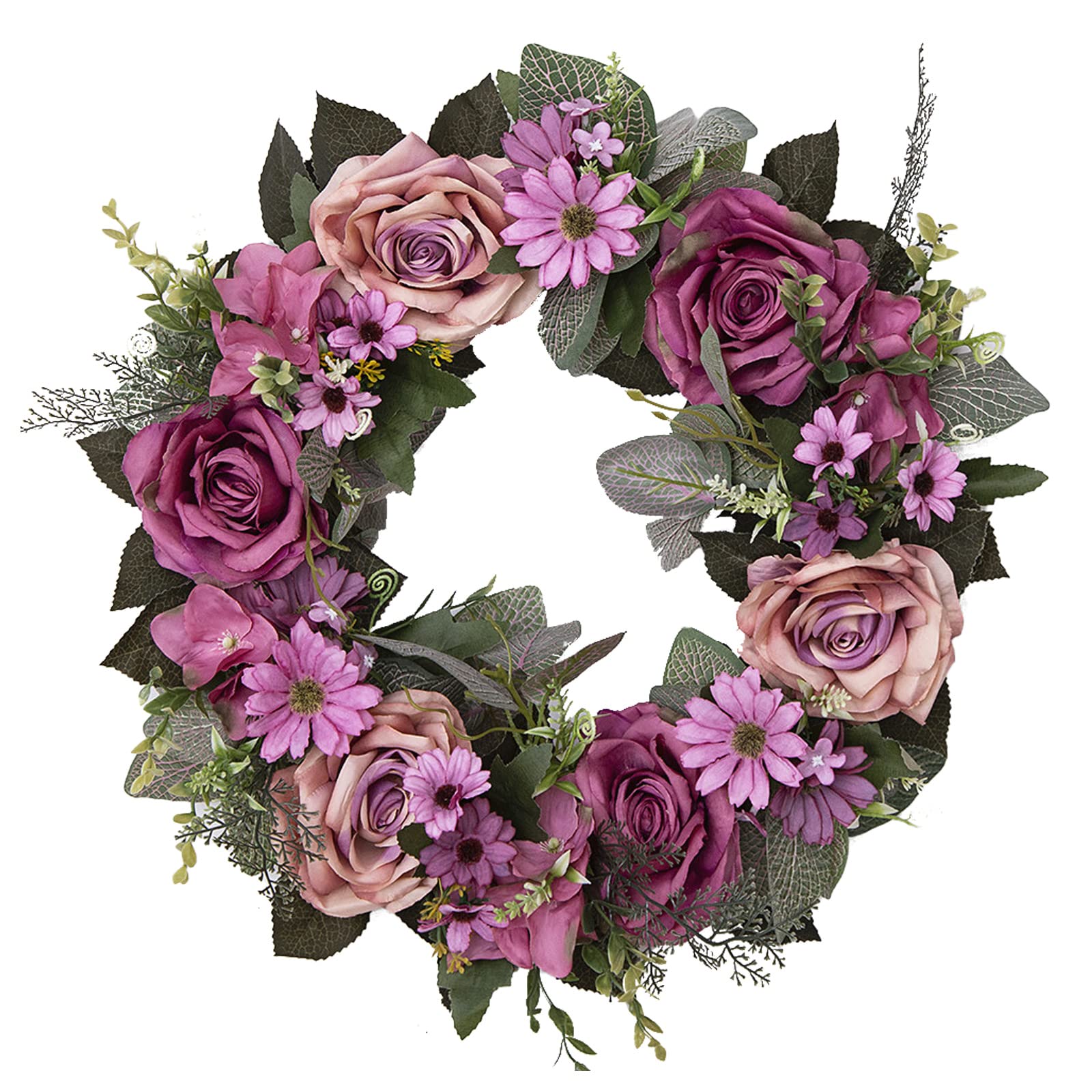 Plcnn Purple 45Cm Artificial Rose Wreath, Spring Summer Floral Wreaths Eucalyptus Wreath For Front Door Home Garden Window Decor