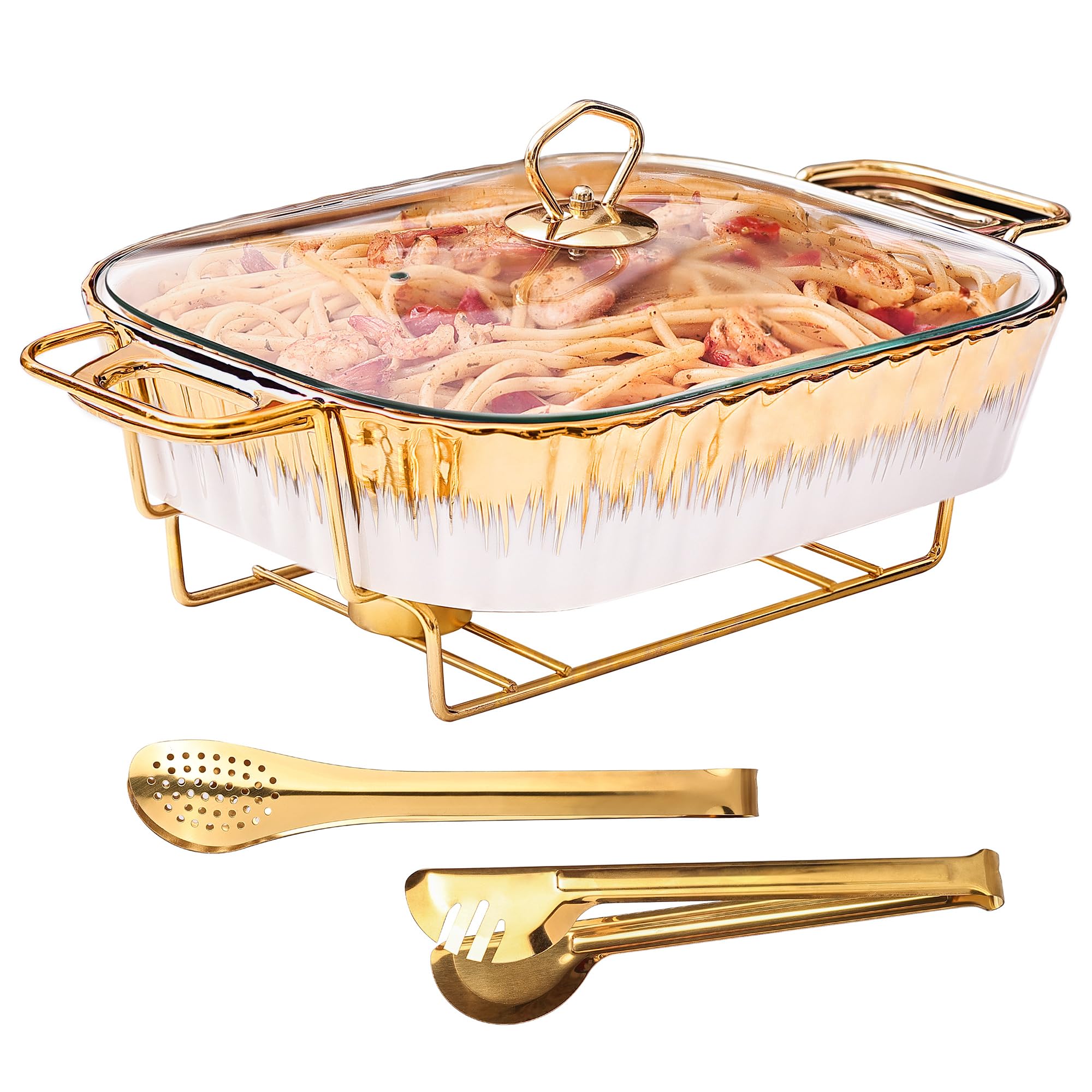 YURIKACHARM Ceramic Chafing Dish Buffet Set, White Food Warmer with 2 Gold Serving Tongs (Large 2.4 quarts)
