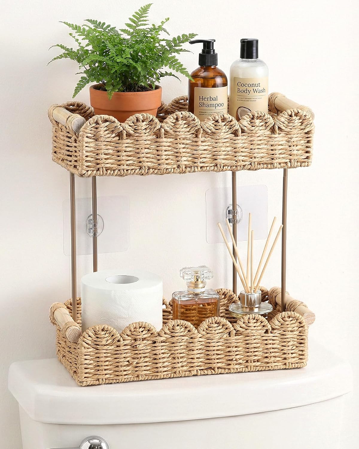 Wicker Toilet Paper Basket - 2 Tier Scalloped Rattan Bathroom Basket - Small Woven Baskets with Wooden Handle - Perfect for Home Countertop Storage & Decor, Living Room Shelf Decor, Beige