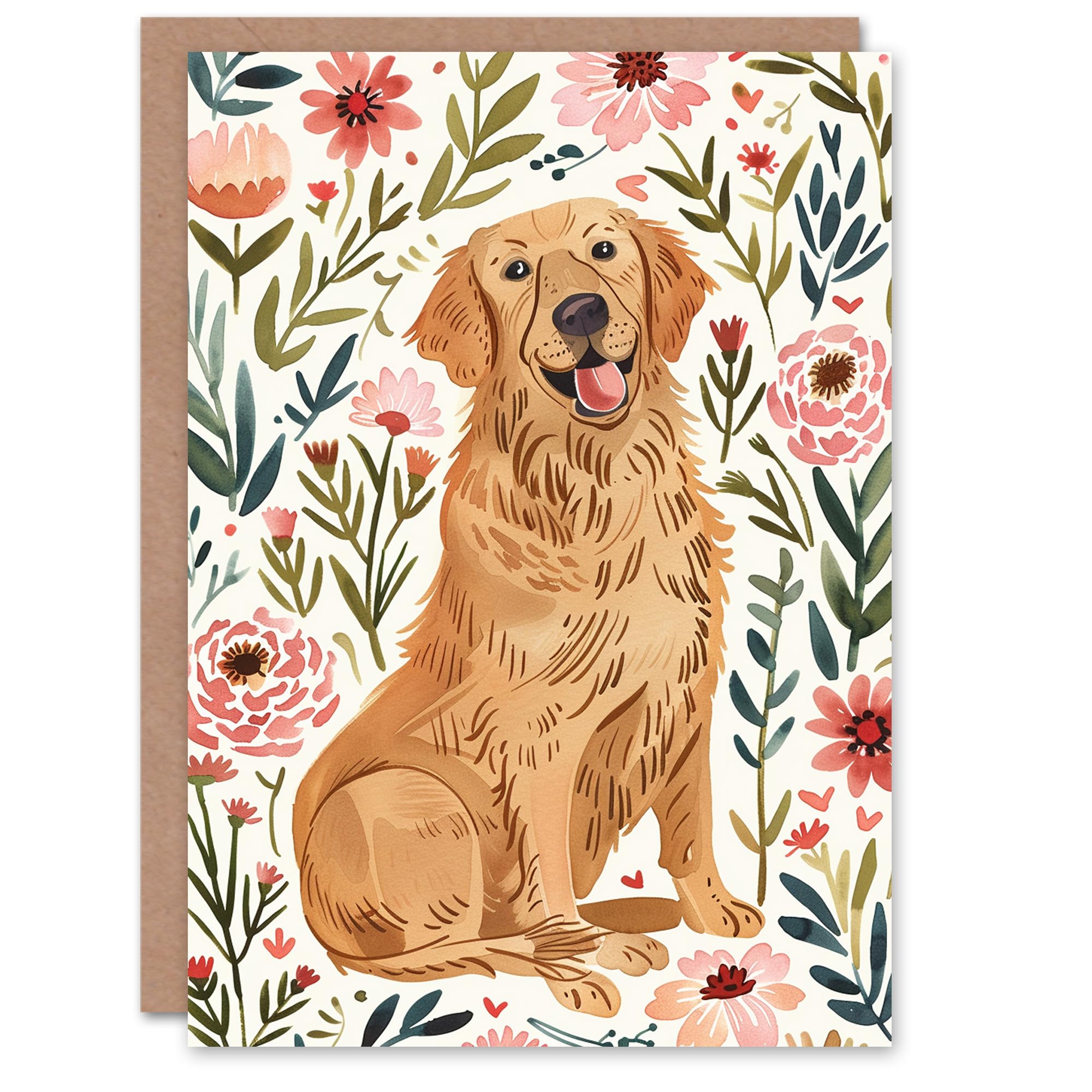 Happy Golden Retriever and Pink Flowers Dog Lover Birthday Card