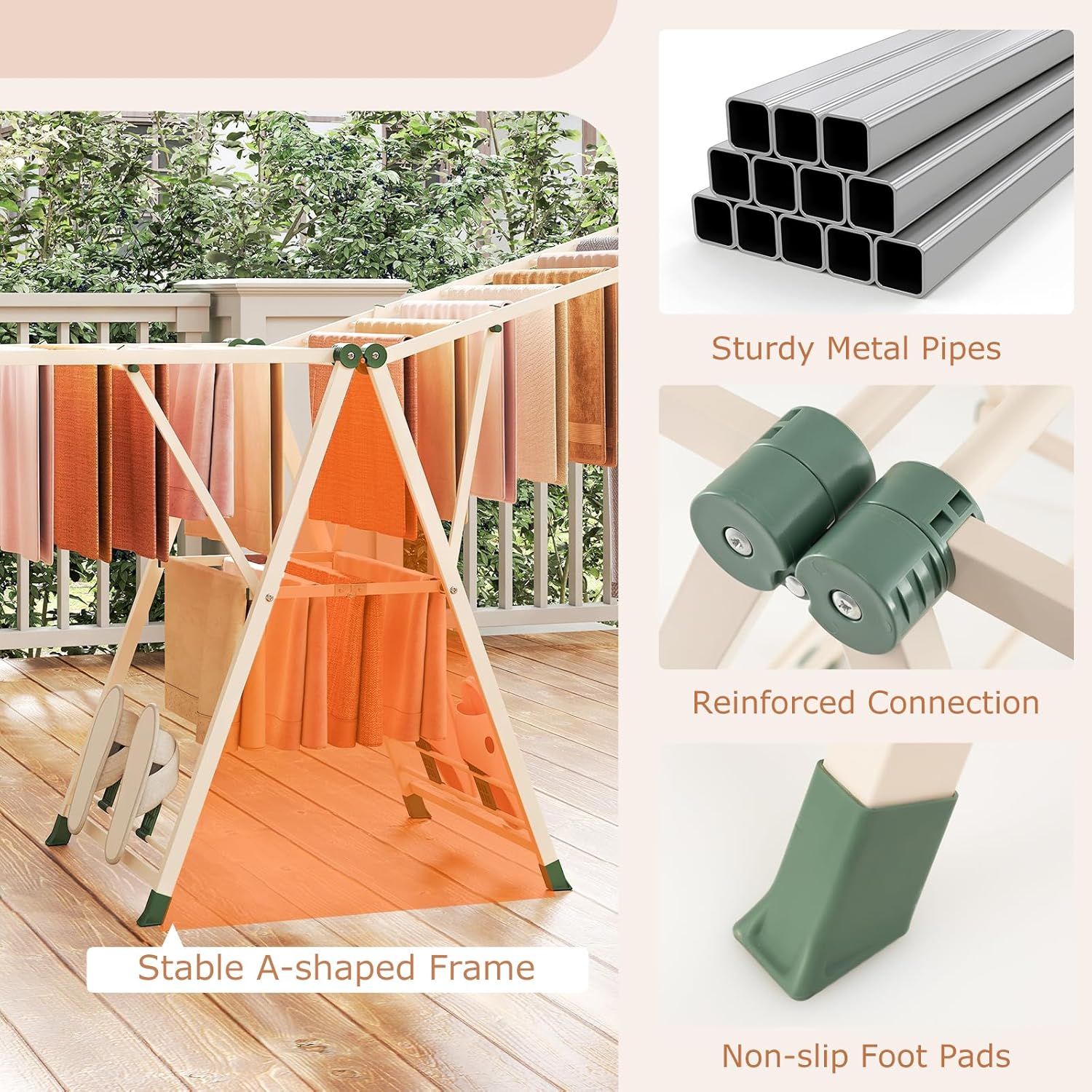 Giantex Clothes Drying Rack, Foldable Metal Laundry Drying Rack with Height Adjustable Wings, 16 Drying Rails, Sock Clips & Shoe Racks, Freestanding Clothing Stand for Indoor & Outdoor, Beige