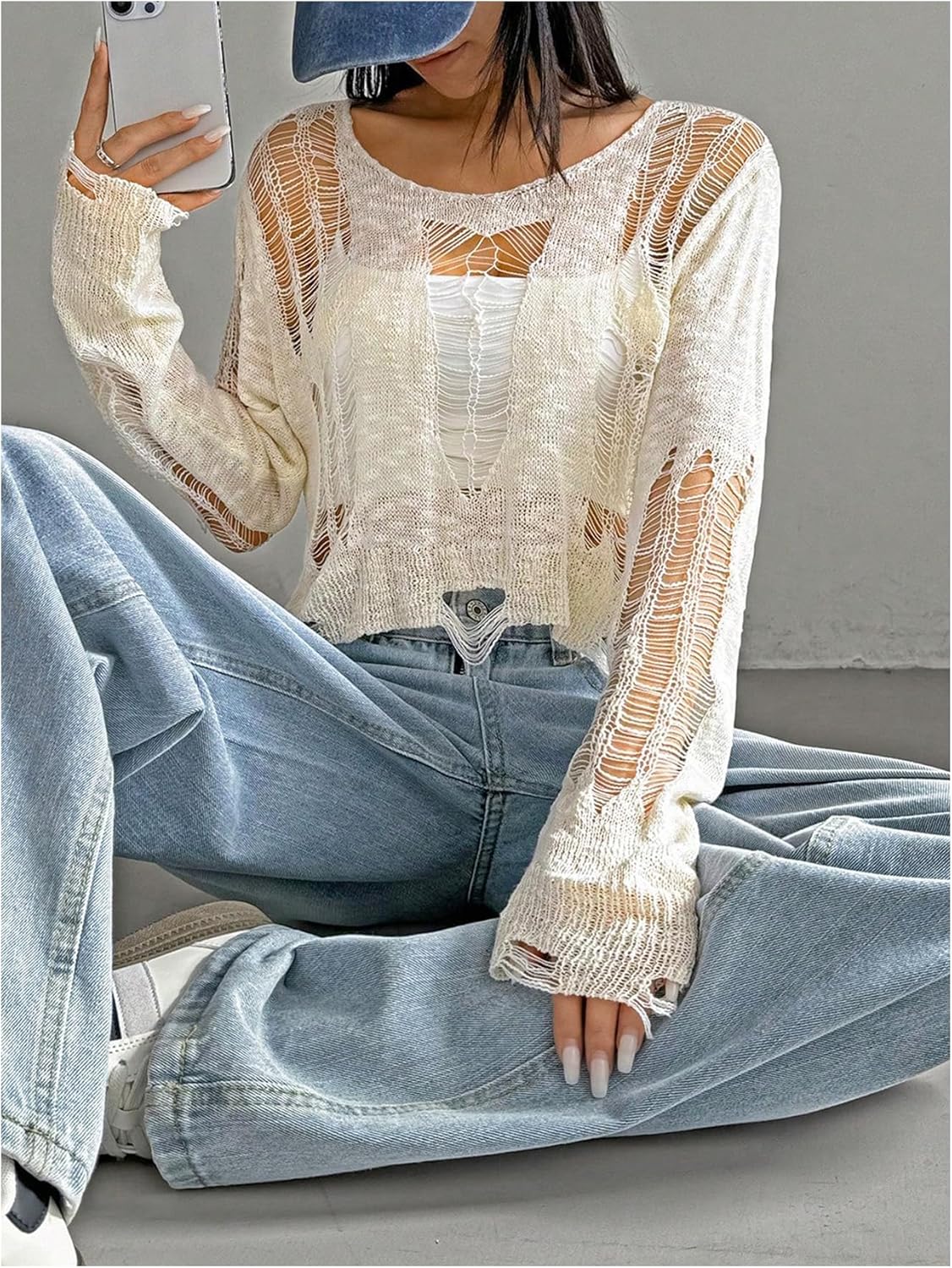 WDIRARA Women's Ripped Distressed Knit Top Long Sleeve Hollow Out Crochet Crop Top Goth Y2K Grunge Punk Halloween - Image 5