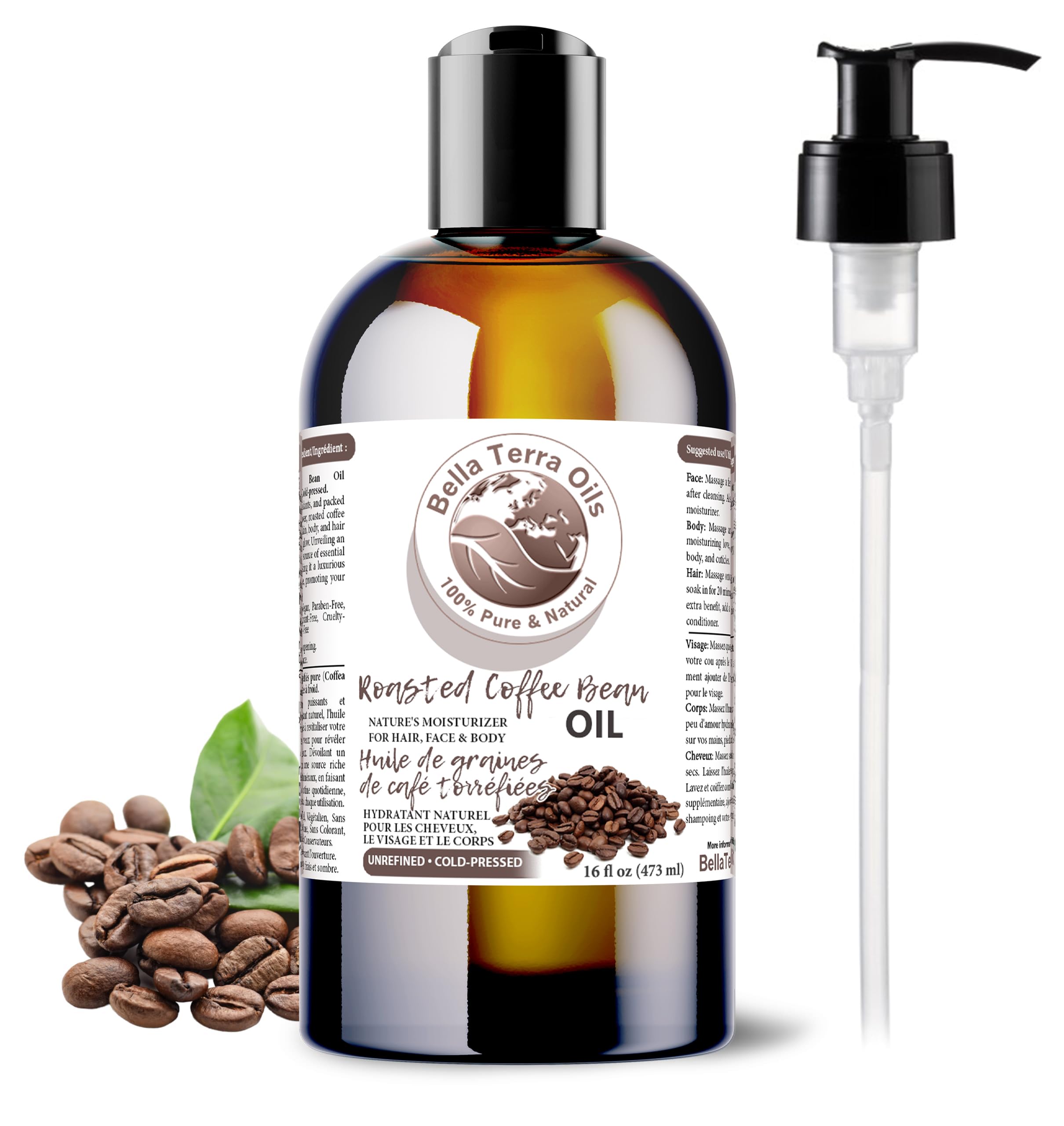 Bella Terra Oils - Roasted Coffee Bean Oil 16oz - Bask in the Richness of Coffee Bean Oil for Skin, Infused with Vitamin E, The Pinnacle of Skin