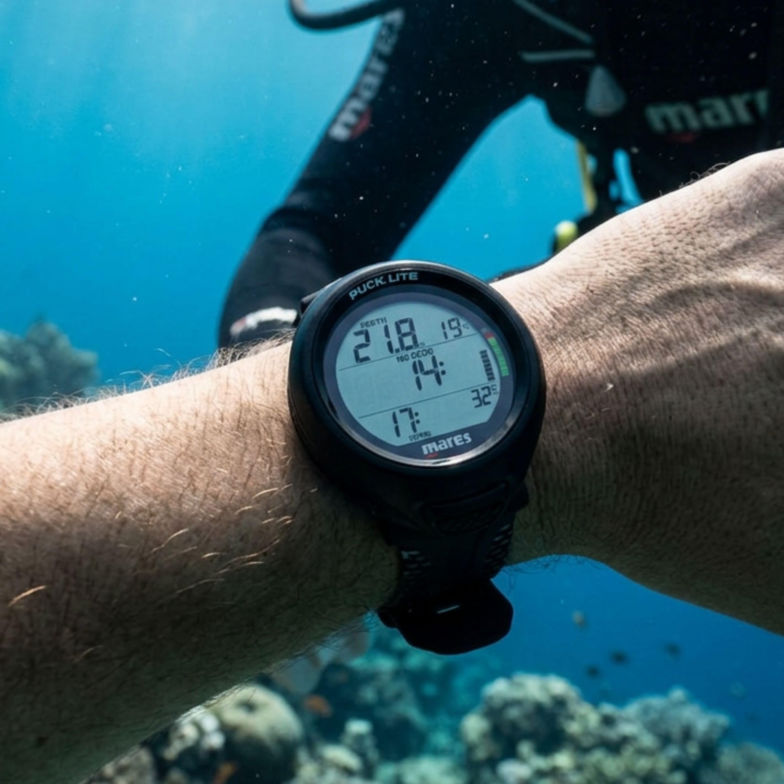 Mares Puck Lite - Ordenador de Buceo para Principiantes Nitrox 50 %, Pantalla HD de 800 segmentos, Bluetooth Smartphone, algoritmo Bühlmann, batería reemplazable