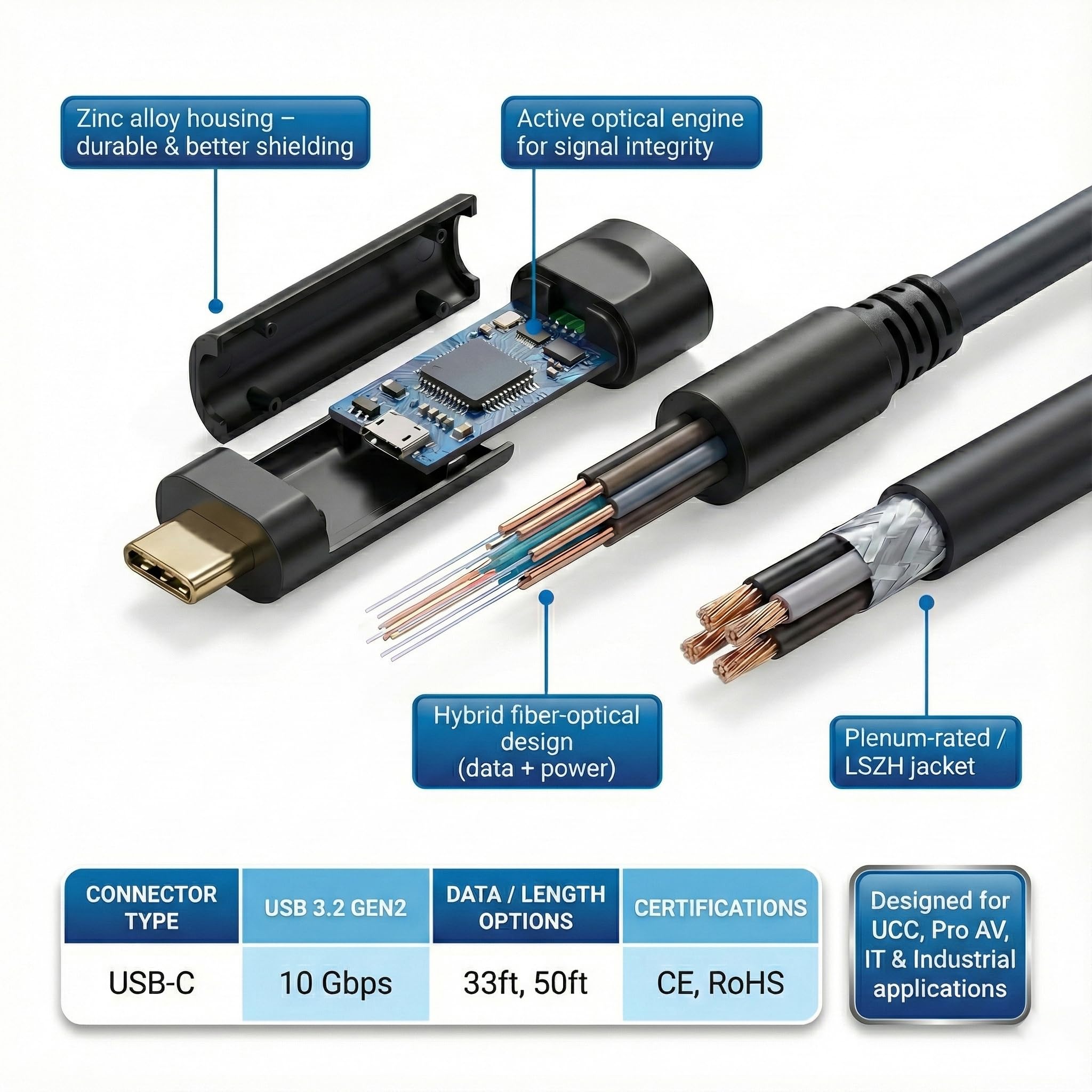 Cavo in fibra ottica da USB C a USB C (10 m), sottile e lunga estensione ad alta velocità, 10 Gbps, USB 3.2, ottico attivo, compatibile con webcam, fotocamere, AR/VR per videoconferenze, data