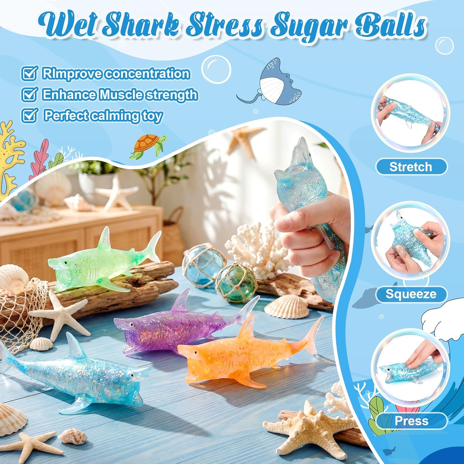 Meooeck 12 Pack Shark Stress Balls Maltose Glitter Shark Sugar Ball Adult Stress Relief Balls Cute Sensory Fidget Funny Soft Squeeze Ball for Anxiety Autism ADHD Birthday Ocean Party Favors Gifts