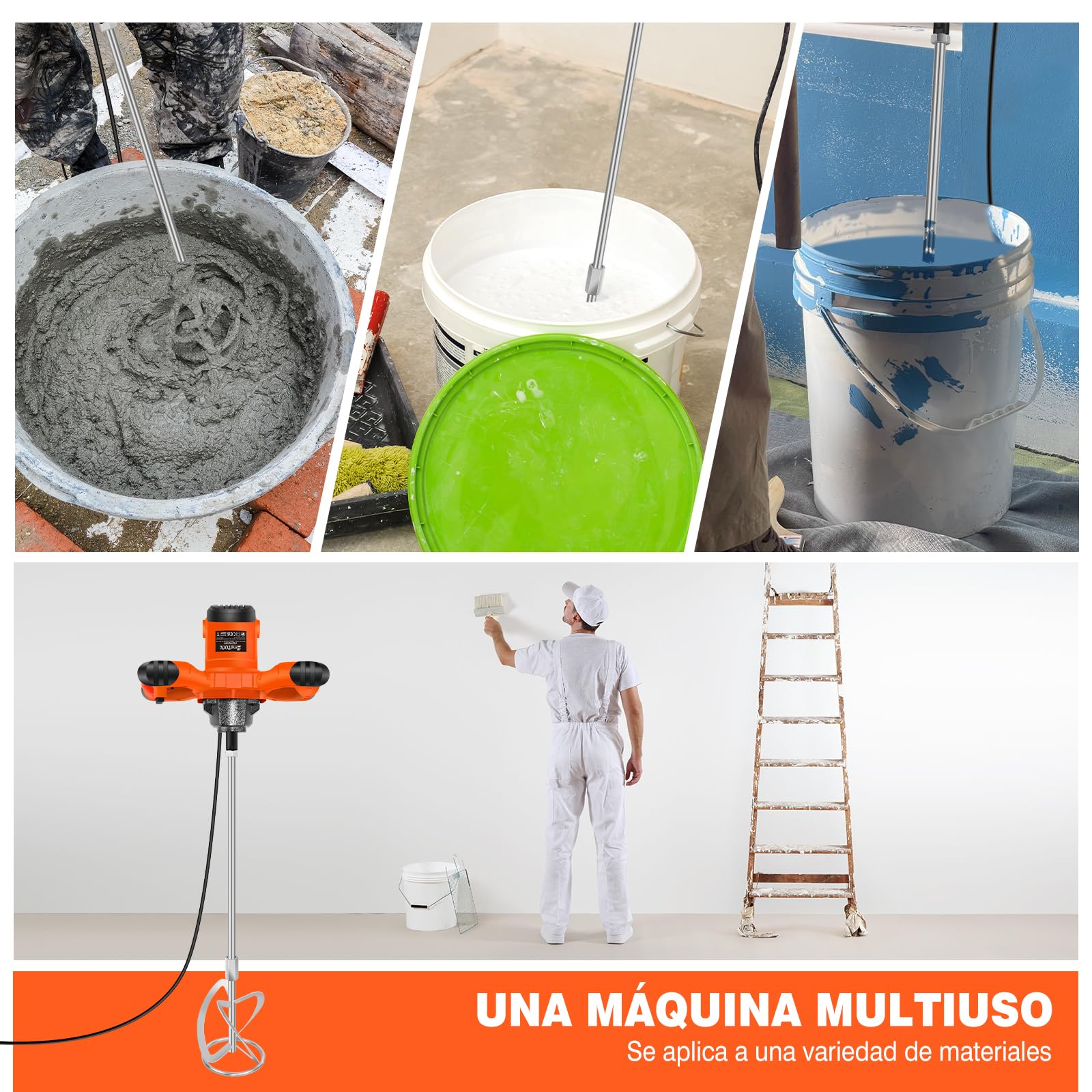 2600W Mezclador de Mortero,Mezclador Industrial, hormigoneras electricas, Agitador M14 Tornillo de Cromo, 6-Velocidad Variable Mezclador Eléctrico, Utilizado para Mezclar Pintura, Cemento, Naranja