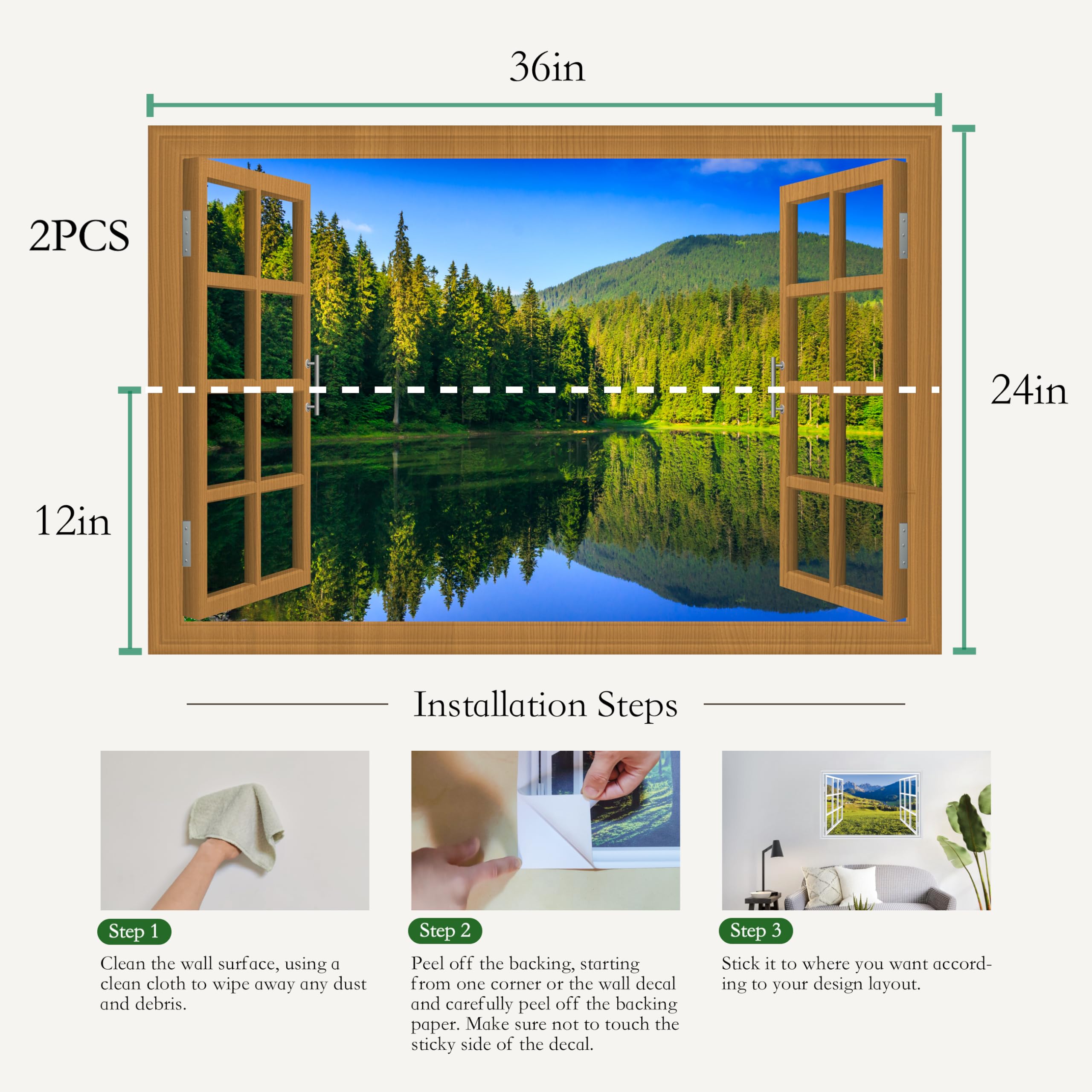 WRIGAEL Fake Window for Walls Faux Window Decal Windows Poster Picture Open Window Wall Art Decor, Stick and Peel Wallpaper Nature Wall Decol Forest Lake Scene Mural, 24