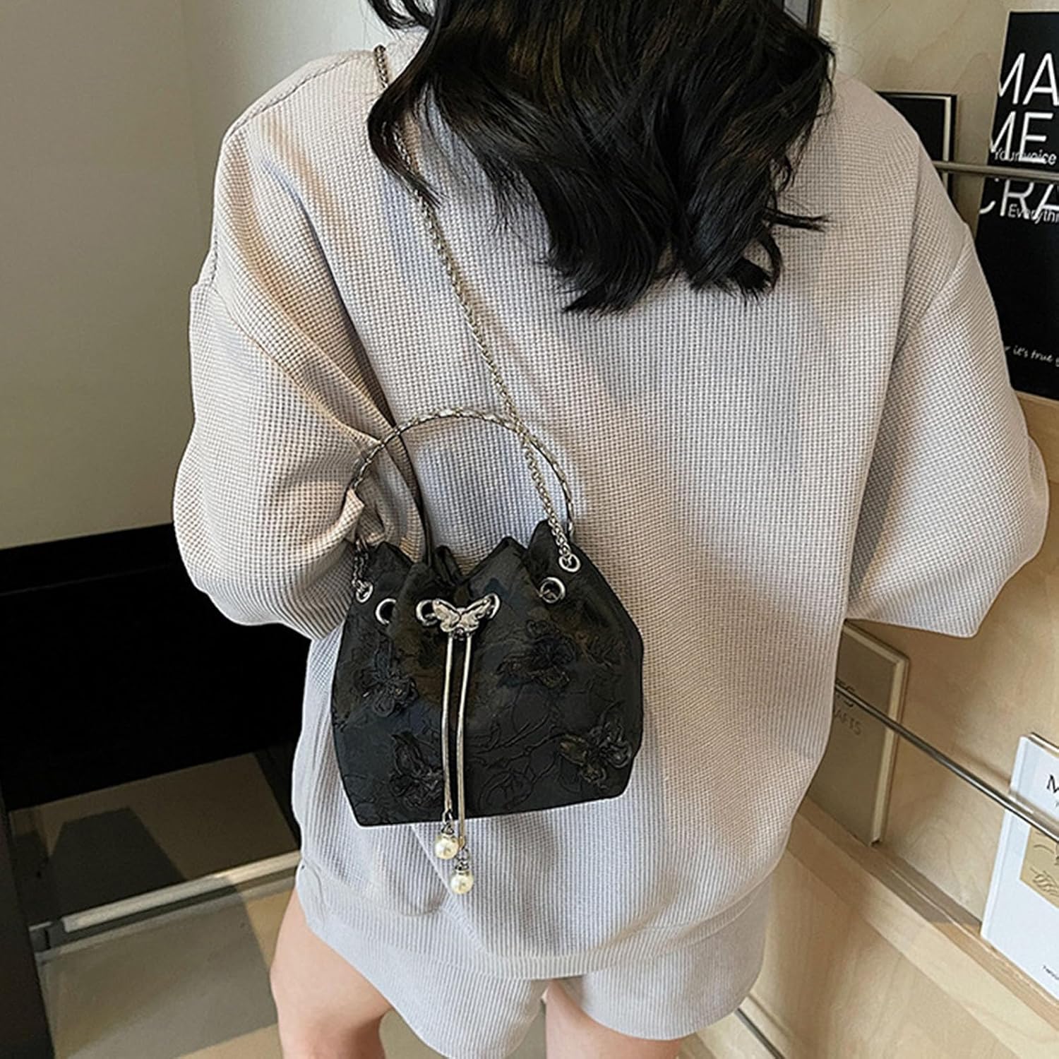 Women Evening Bag, Elegant Embroidery Butterfly Floral Bucket Bag, Sparkly Rhinestone Top Handle Mini Crossbody Bag