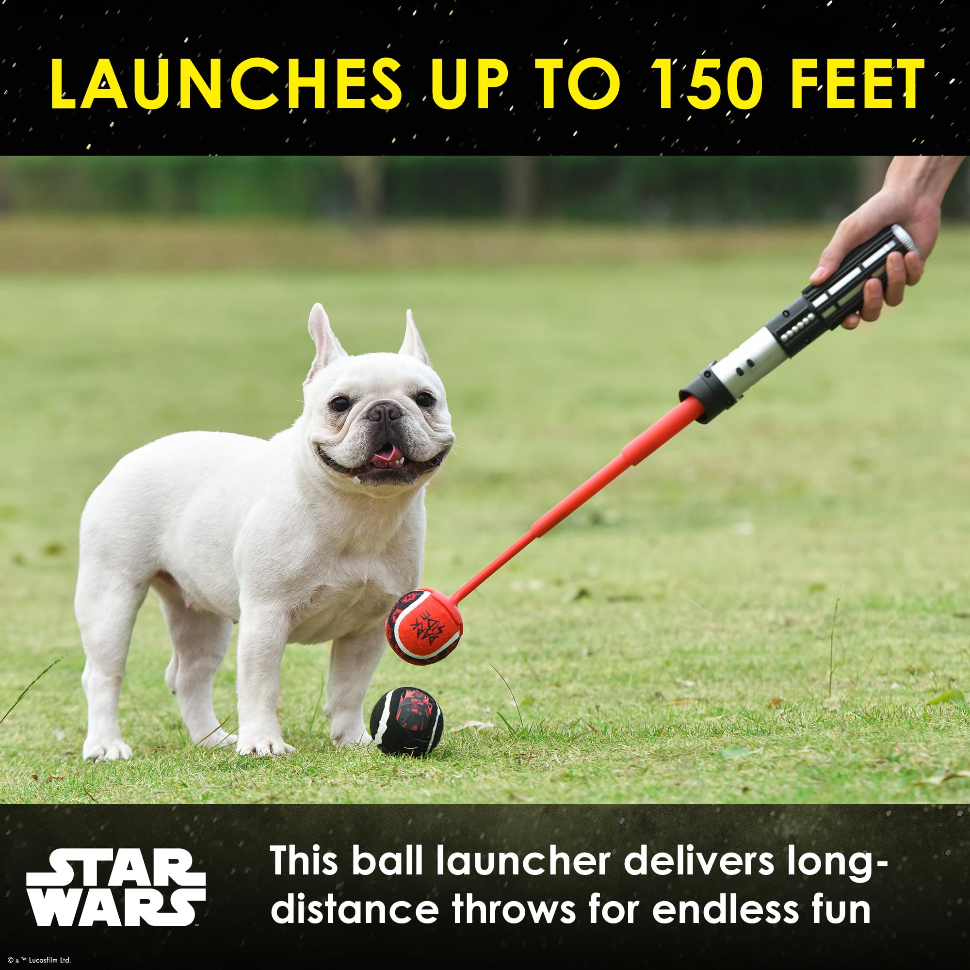 Star Wars for Pets Lichtschwert Ballwerfer für Hunde - Darth Vader Themed einziehbarer Hundeballwerfer mit Tennisbällen, startet bis zu 45 m