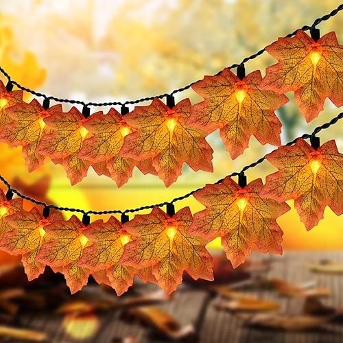 Miniatura 10 de Cadena de hojas de arce de otoño, luces de otoño para exteriores de 8.5 pies con 10 luces LED multicolor de hojas de arce enchufables, tira de luces
