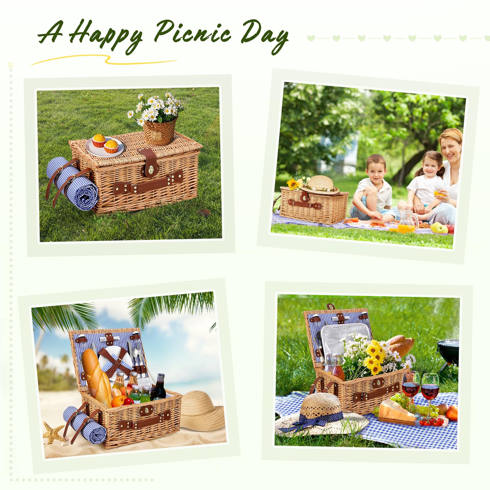 Cestino da Picnic in Vimini per 4 Persone, Cesto Picnic Vintage, con Scomparto Termico, Coperta Impermeabile, Posate, per Campeggio, Festa all'Aperto, Spiaggia, Blu