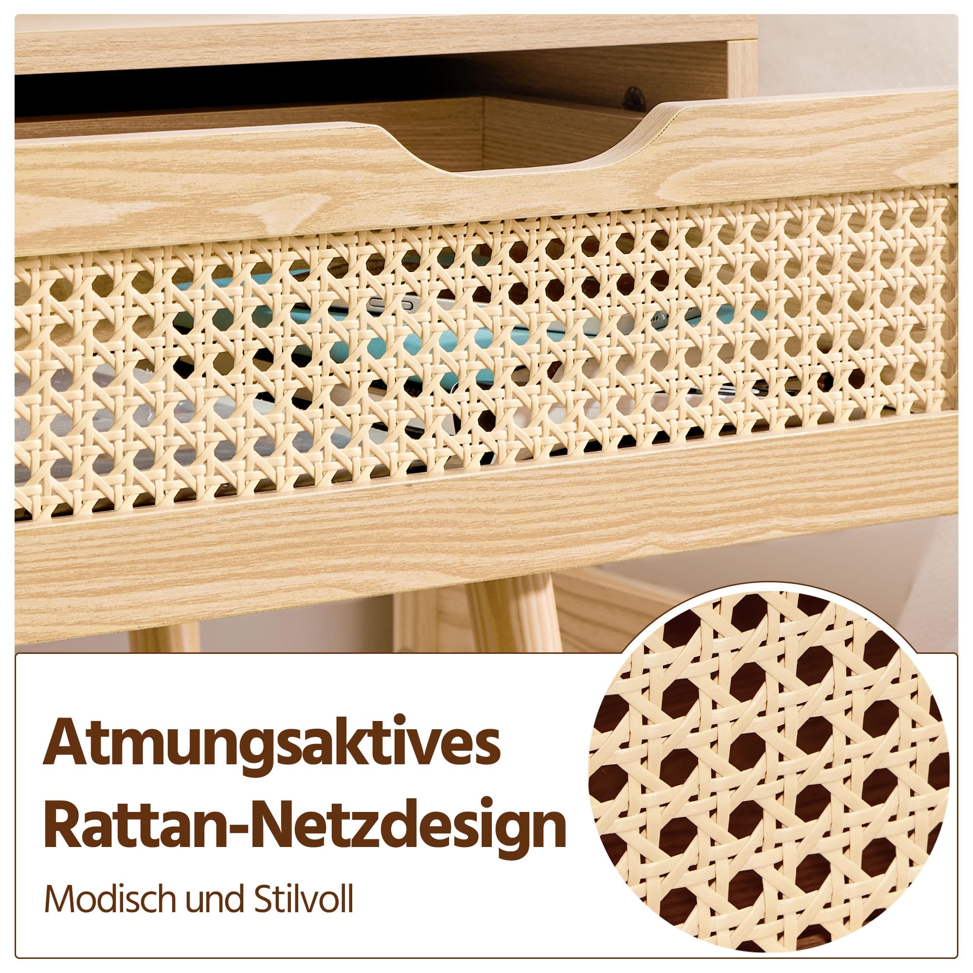 Yaheetech Nachttisch 2er Set mit Schublade Beistelltisch Rattan Nachtkommode Holzbeine Nachtschrank Sofatisch Boxspringbett Nachtkommode 48,5 cm L × 41 cm B × 57,5 cm H, Hellbraun