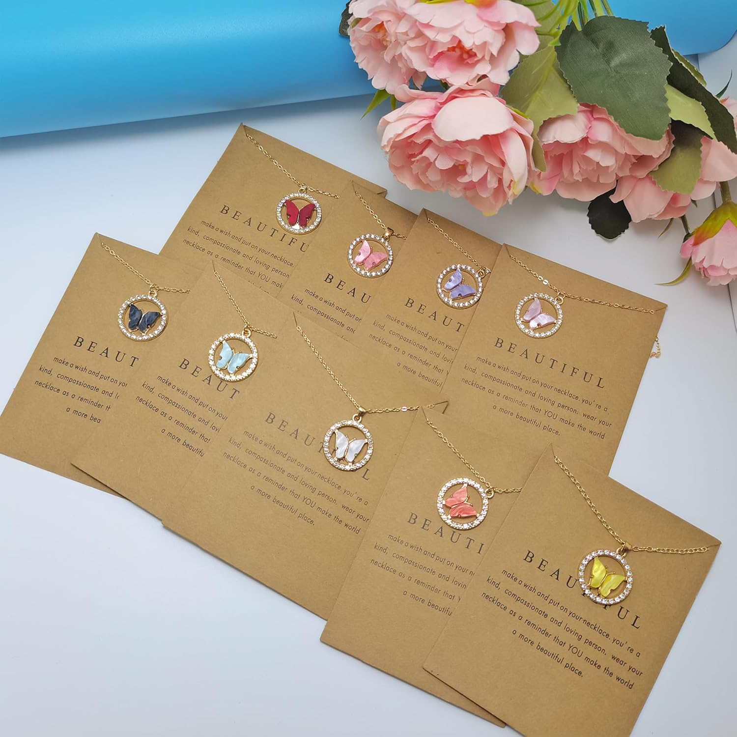 Butterfly Necklaces for Women 9Pcs Colorful Butterfly Necklace Set Butterfly Pendant Necklace Trendy Chain Necklace - Image 2