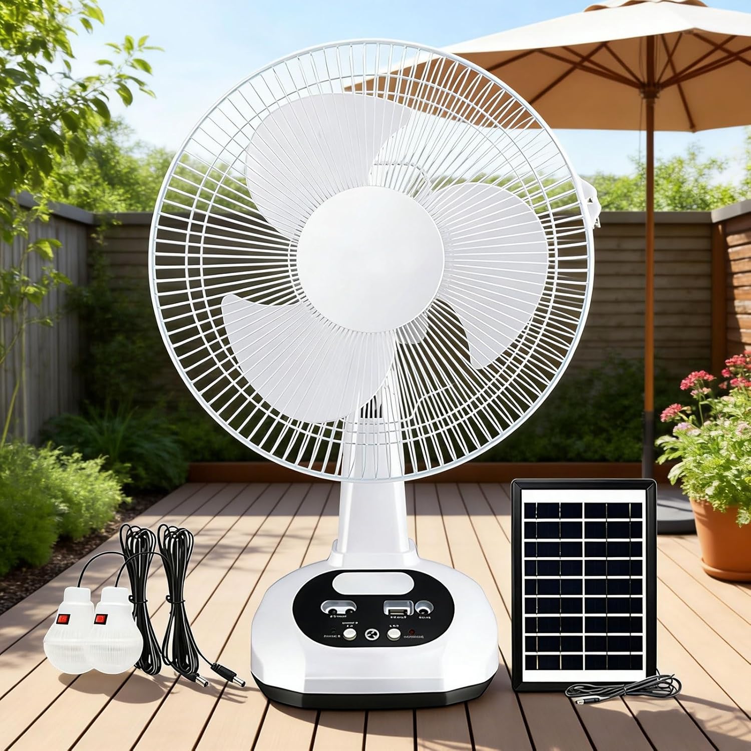 Rechargeable Solar Powered Fan, 13-inch Solar Oscillating Standing Fan, Tabletop USB Phone Charger 3-Speed for Home, Office, Camping, Emergency