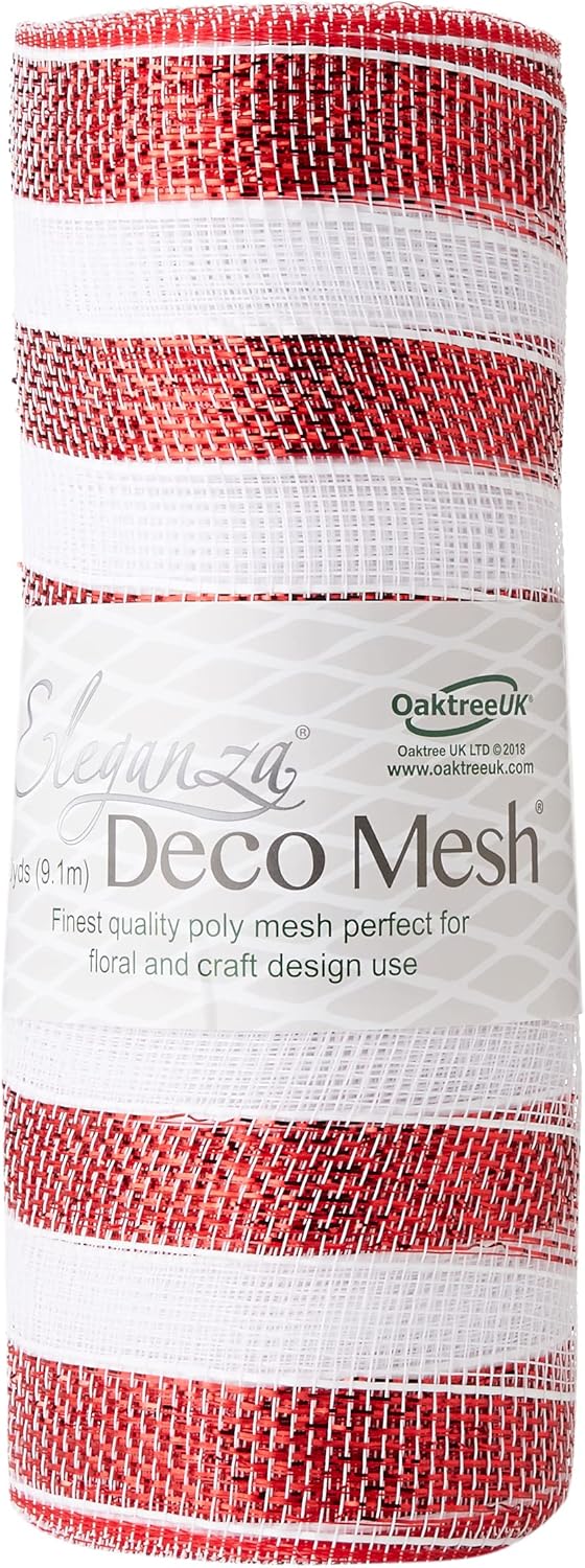 OakTree 25cm Red & White Stripe Deco Mesh, 29CM