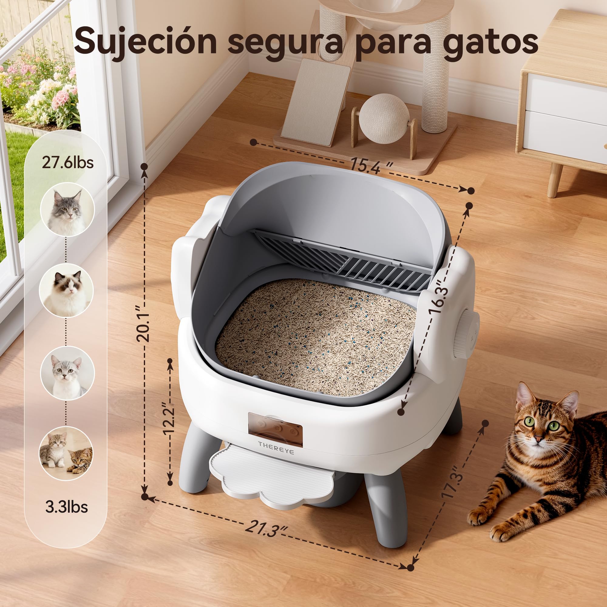 Thereye Arenero Gatos Autolimpiable con Escalón de Entrada,Arenero Automático de Diseño Abierto con Control por Aplicación,Sensor de Seguridad,Protección Anti-atrapamiento y Eliminación de Olores