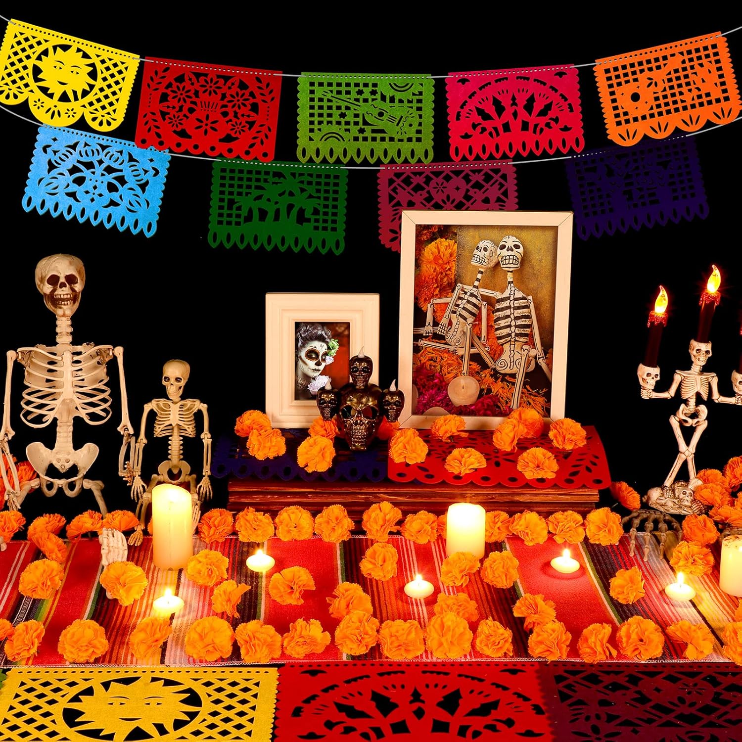 Funtery 50 Pcs Marigold Flower Heads Bulk Day of the Dead Decor Altar De Ofrendas Dia De Muertos Decoration 9 Pcs Mexican Papel Picado 1 Mexican Table Runner Supplies(Orange, Rose Red)