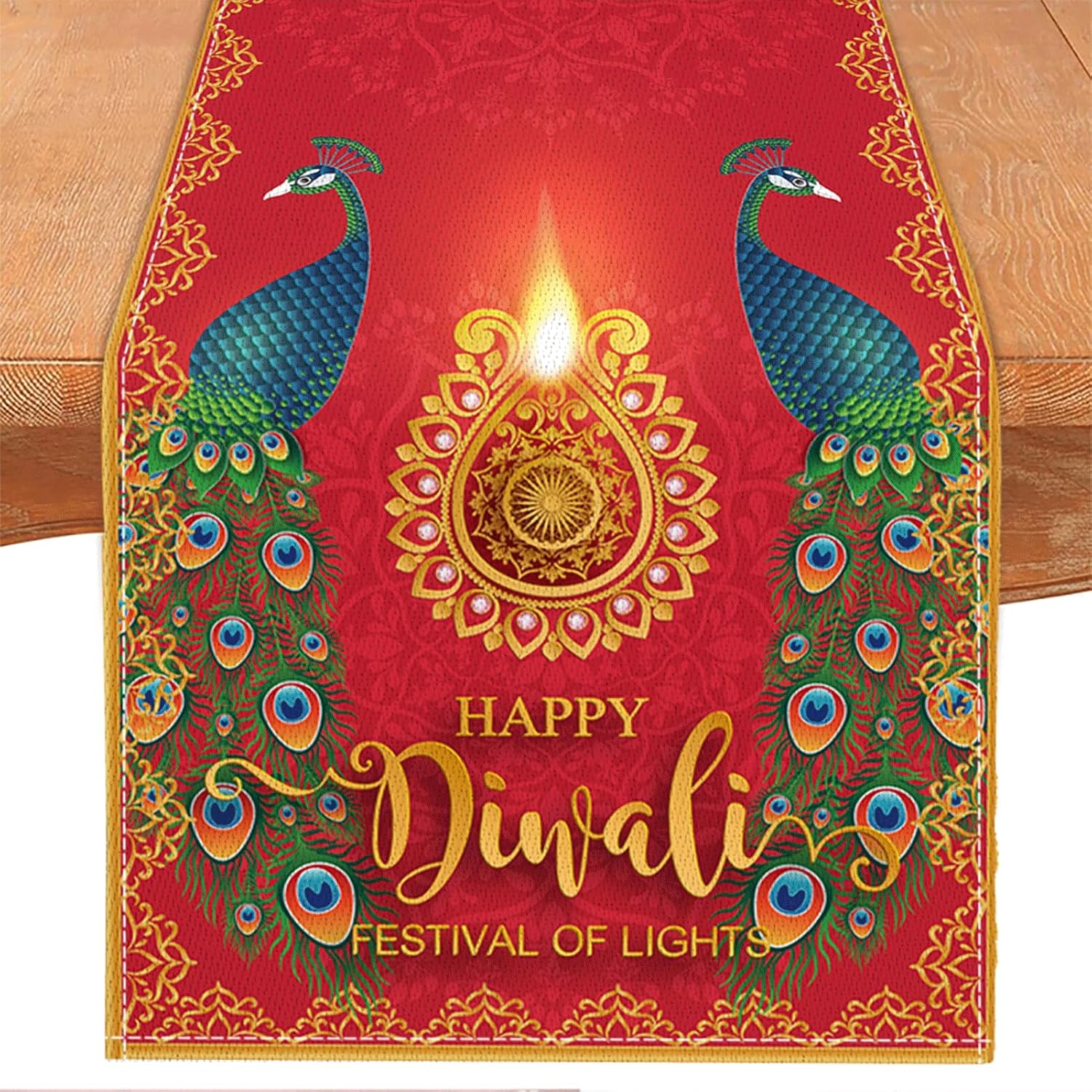 Diwali Table Runner,Indian Festival of Light Table Cloth Holiday Table Cover Diwali Decorations and Supplies for Home Kitchen Dining Room Party Decor (Red and Gold 03, 13 X 72 Inch)