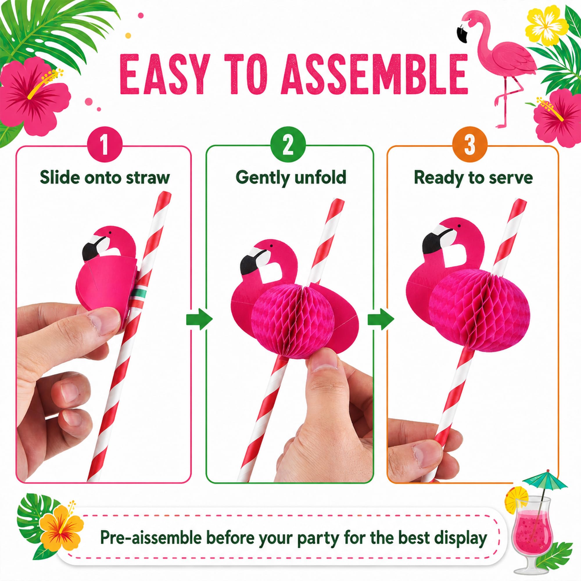 Haundry 100 pajitas de cóctel Luau para fiesta, paraguas de bebida, pajillas de papel de frutas y flamencos para decoración de fiesta hawaiana de verano tropical