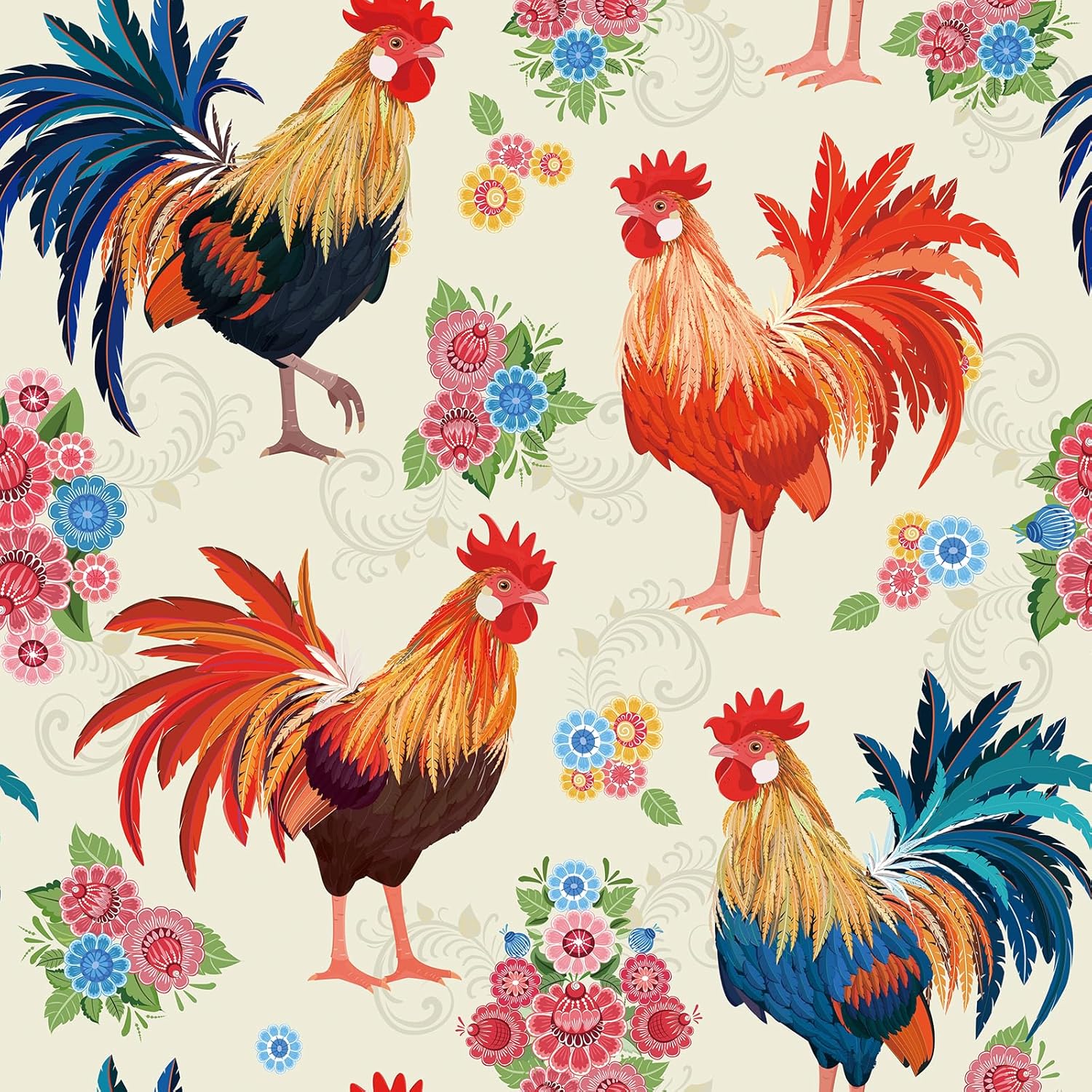 17.5x393 Chicken Peel and Stick Wallpaper Retro Farmhouse Vintage Rooster Contact Paper for Kitchen Cabinets Coop Boho Chicken and Flower Farm Animal Removable Kitchen Wallpaper Roosters