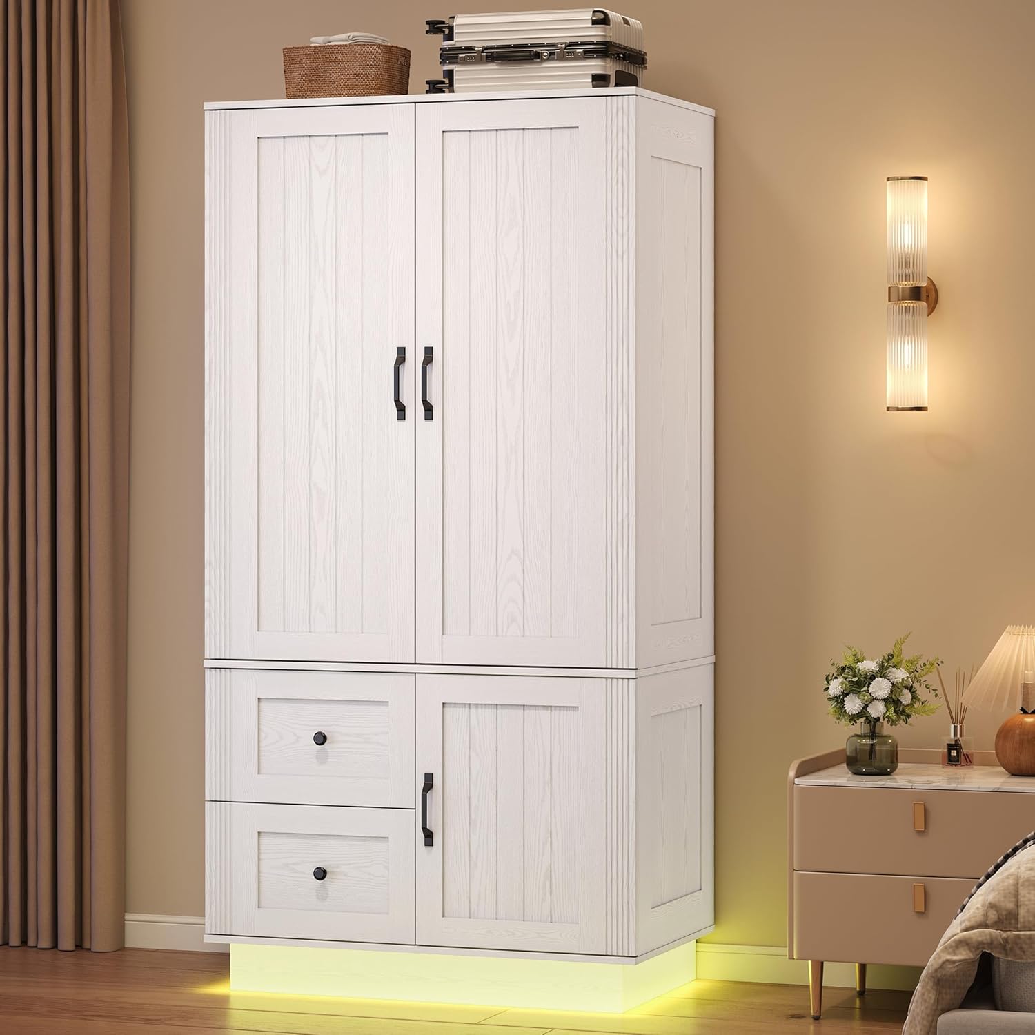 LIKIMIO Farmhouse Wardrobe Closet with Doors, 70″ Bedroom Armoires with LED Lights and Hanging Rod, Wooden Large Wardrobe Cabinet with 2 Drawers and 1 Cabinet, Classic White