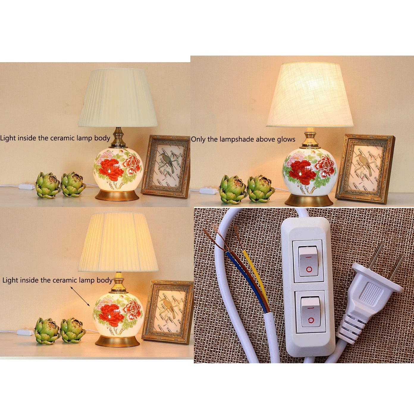 2 Shine Lighting Dual Control Switch Table Desk Lamp Jingdezhen Ceramics Urn Peach Blossom Depict Applique Night Midnight Lamp Beautiful (Linen Lampshade)