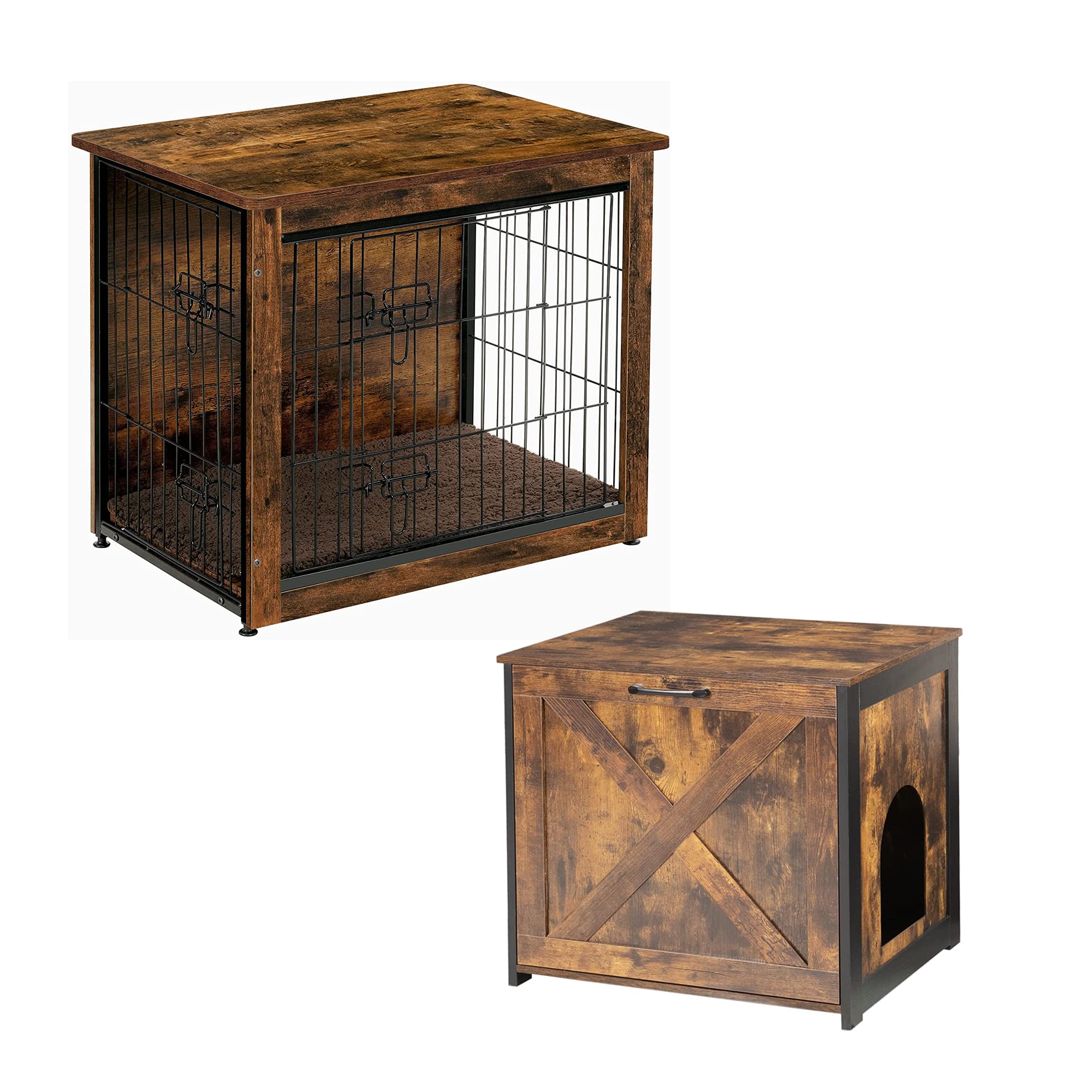DWANTON Dog Crate Furniture, Wooden Dog Crate with Double Doors and Cat