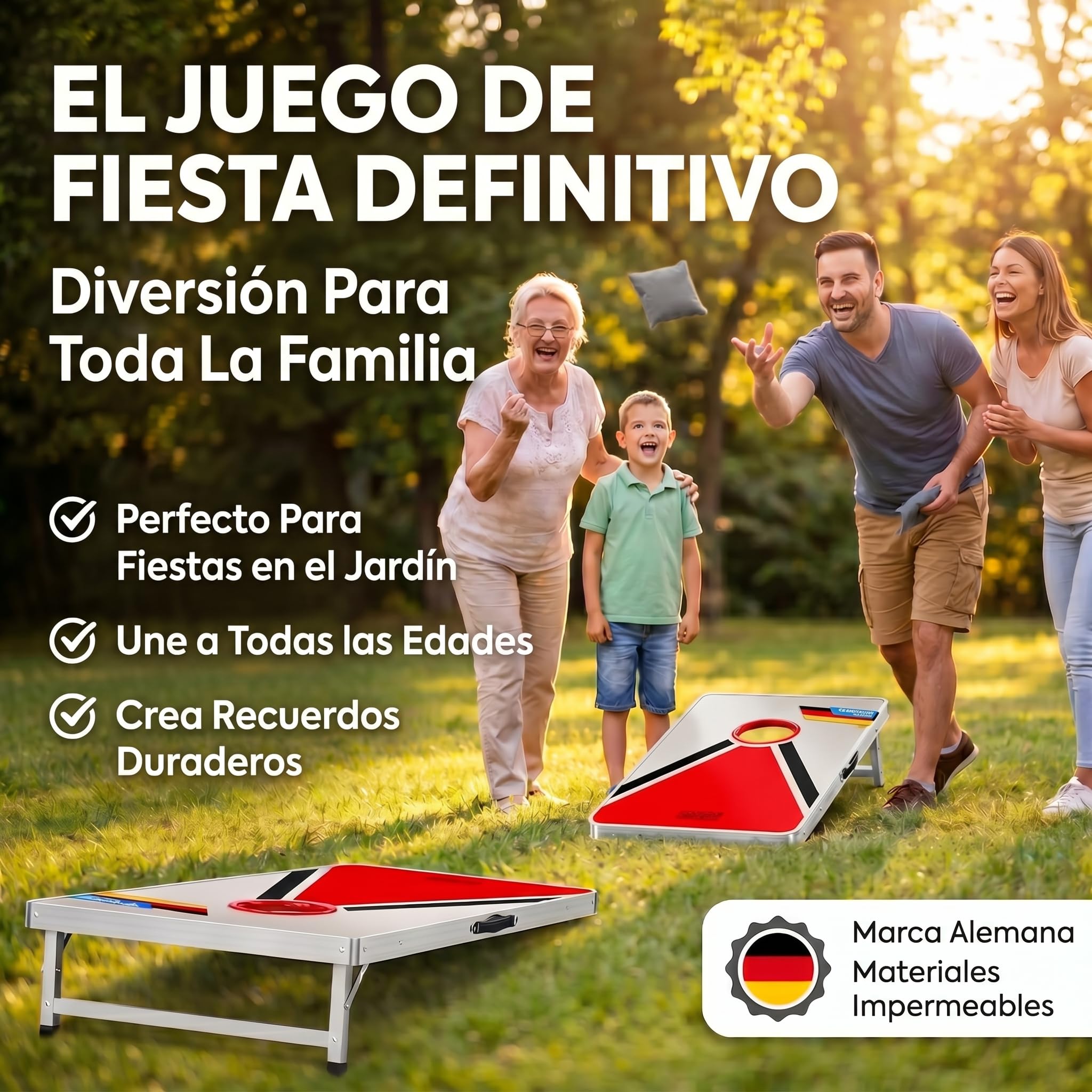 GOODS+GADGETS® Cornhole XXL Set - Juego de Sacos Jardín | 8 sacos de arena extragrandes - plegable y listo para jugar - interior y exterior para toda la familia