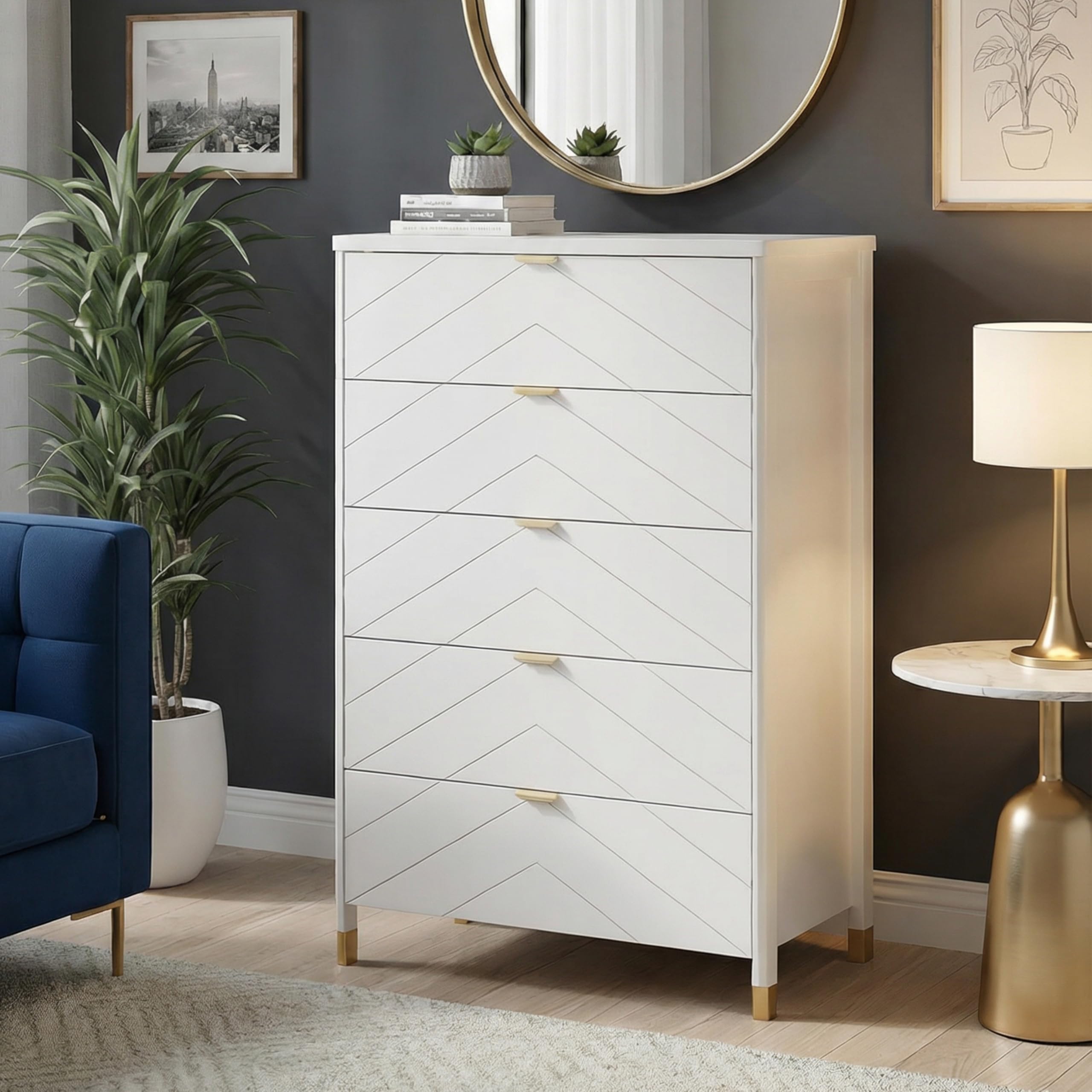 elisa home luna 5 drawer chest for bedroom, 47.2? h modern wide chest of drawers, wood storage organizer for clothes, entryway, hallway, nursery or living room, white/gold