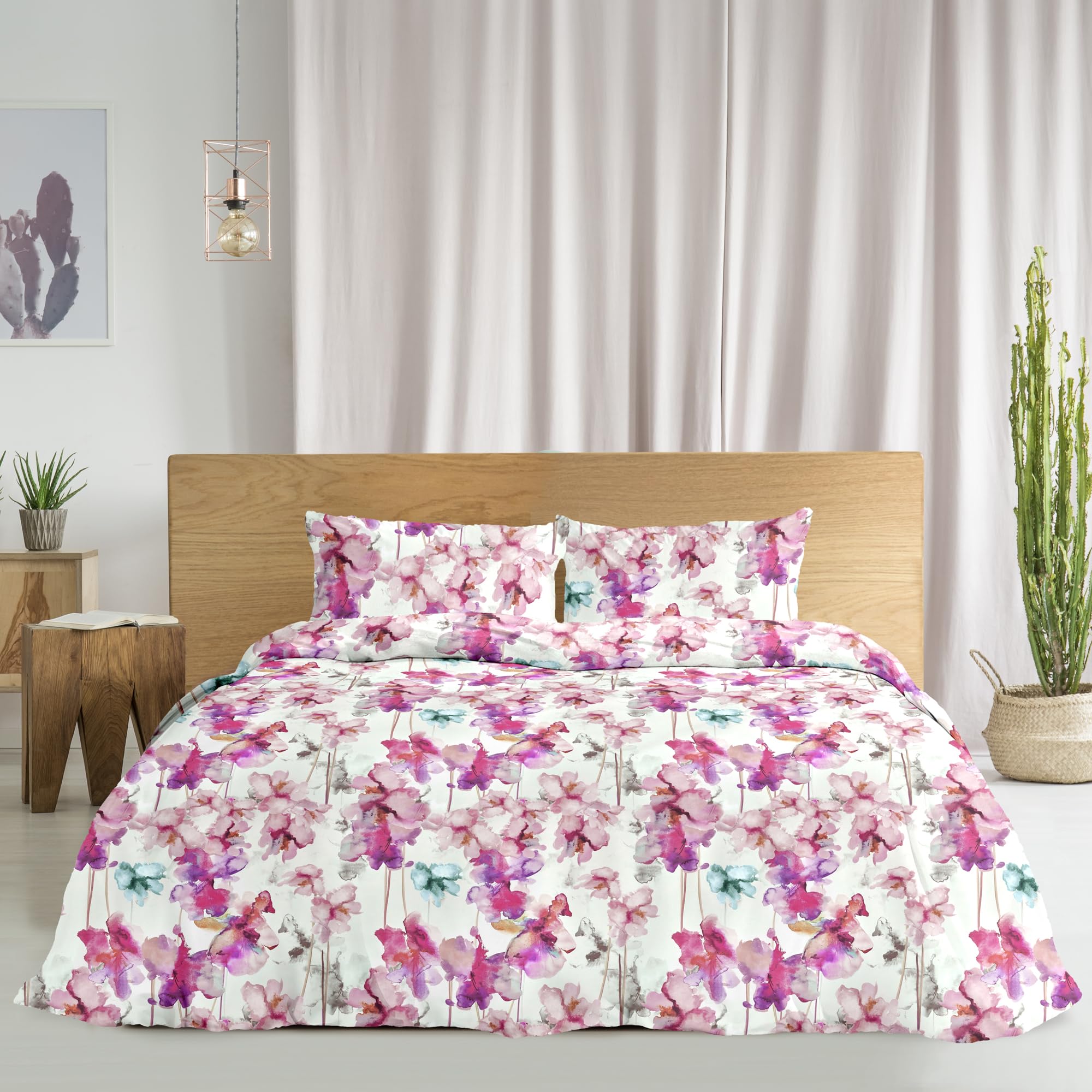 Parure Copripiumino Matrimoniale 100% Cotone - Made In Italy, Design Flower Mon Amour (Orchidee Blu), 250x200 Cm + 2 Federe - Foto 8