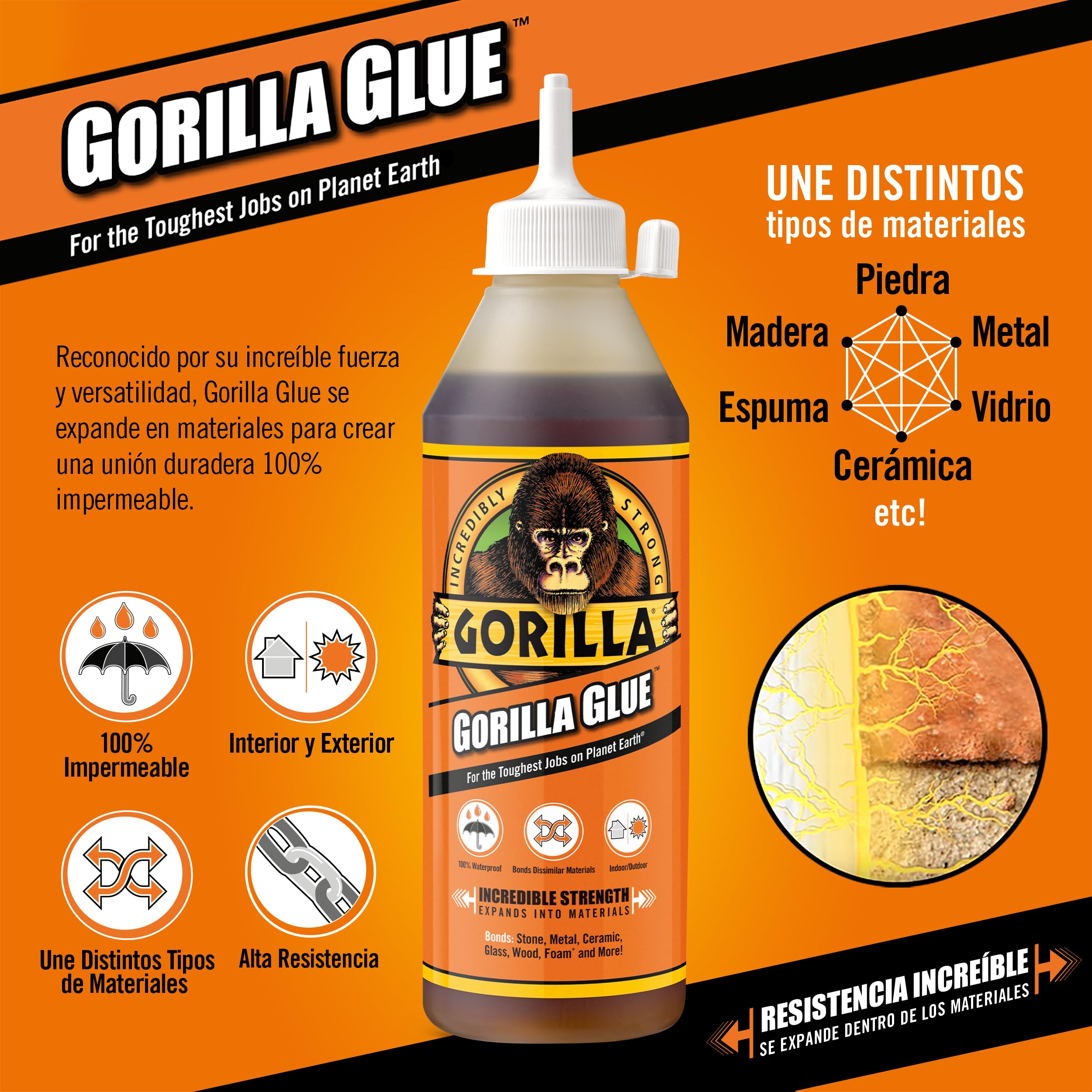 GORILLA Glue 1034800 - Pegamento de Poliuretano - 250 ml - Resistente - Piedra - Cerámica - Madera - Resistente al Agua