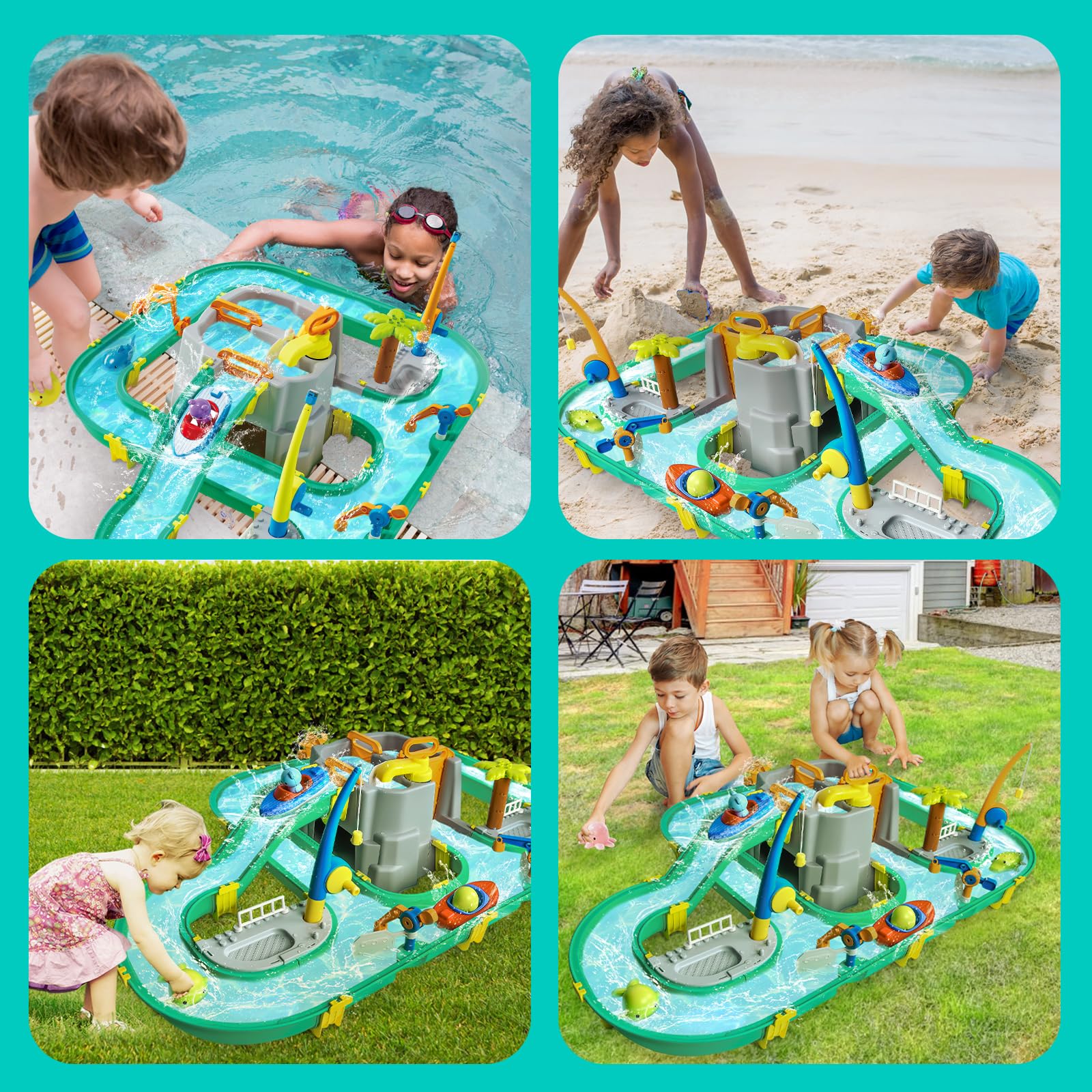 JONRRYIN Wassertisch Spielzeug, Wassertisch Kinder Draußen Spielzeug, Strandspielzeug Wasserbahn Set Wasserpark Spielset mit 2 Booten und Angelfunktion, Sommer Wasserspielzeug für Kinder 3+ Jahr