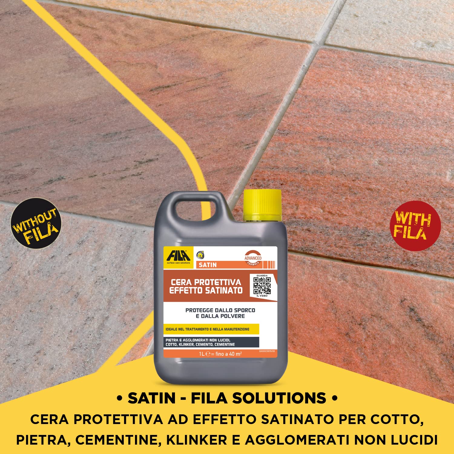 Fila Surface Care Solutions, Satin, Cera Protettiva Ad Effetto Satinato Ideale per Pavimenti in Cotto, Klinker, Pietra e Agglomerati Non Lucidi, Cementine, 1L
