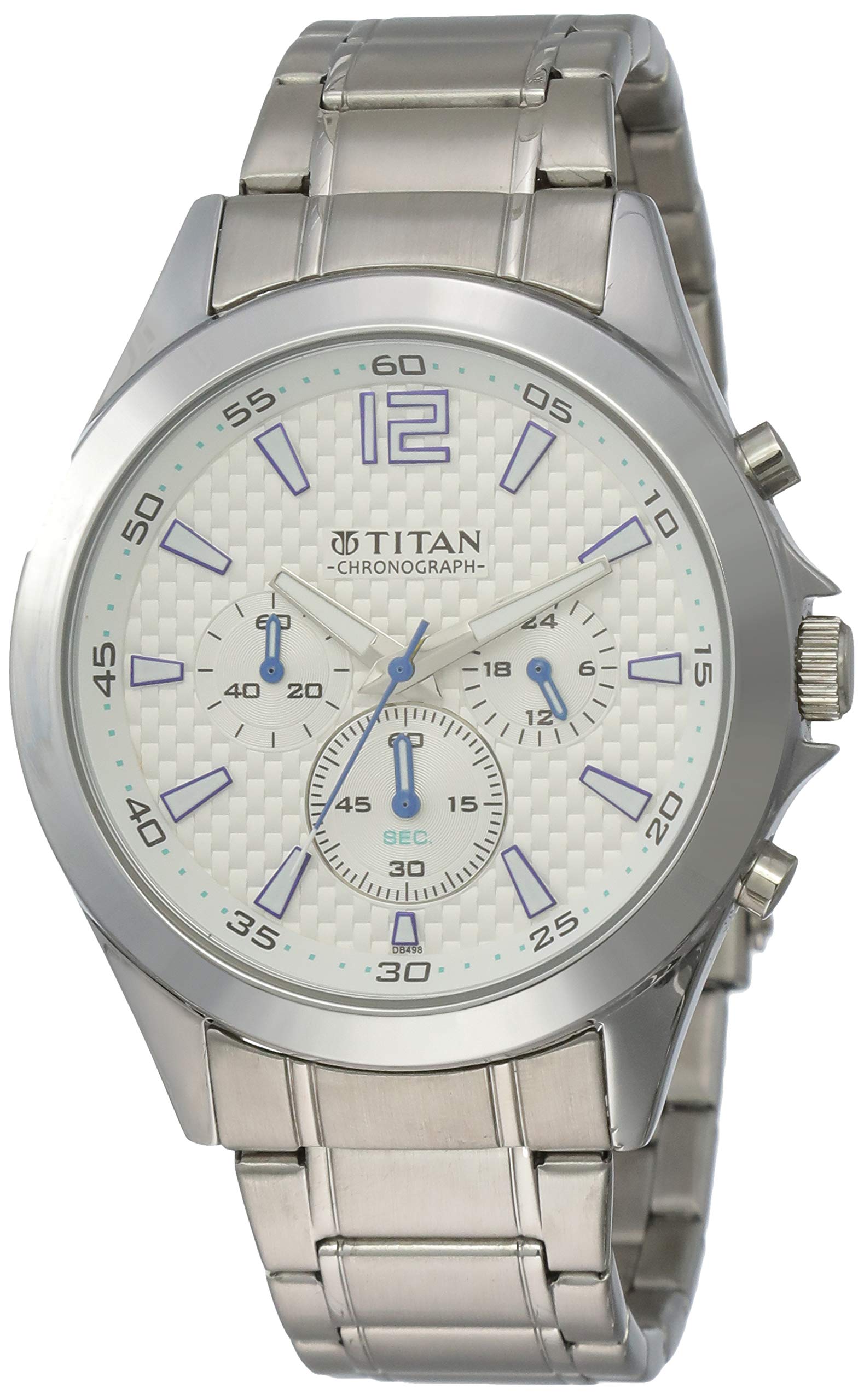 Titan Quartz Chronograph White Dial Silver Stainless Steel Strap