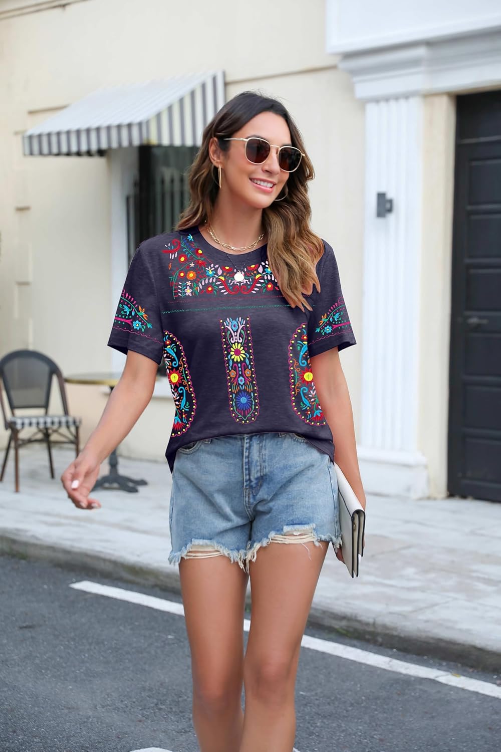 Embroidered Mexican Peasant Blouse Women Summer Boho Shirt Mexico Fiesta Short Sleeve Tops - Image 3