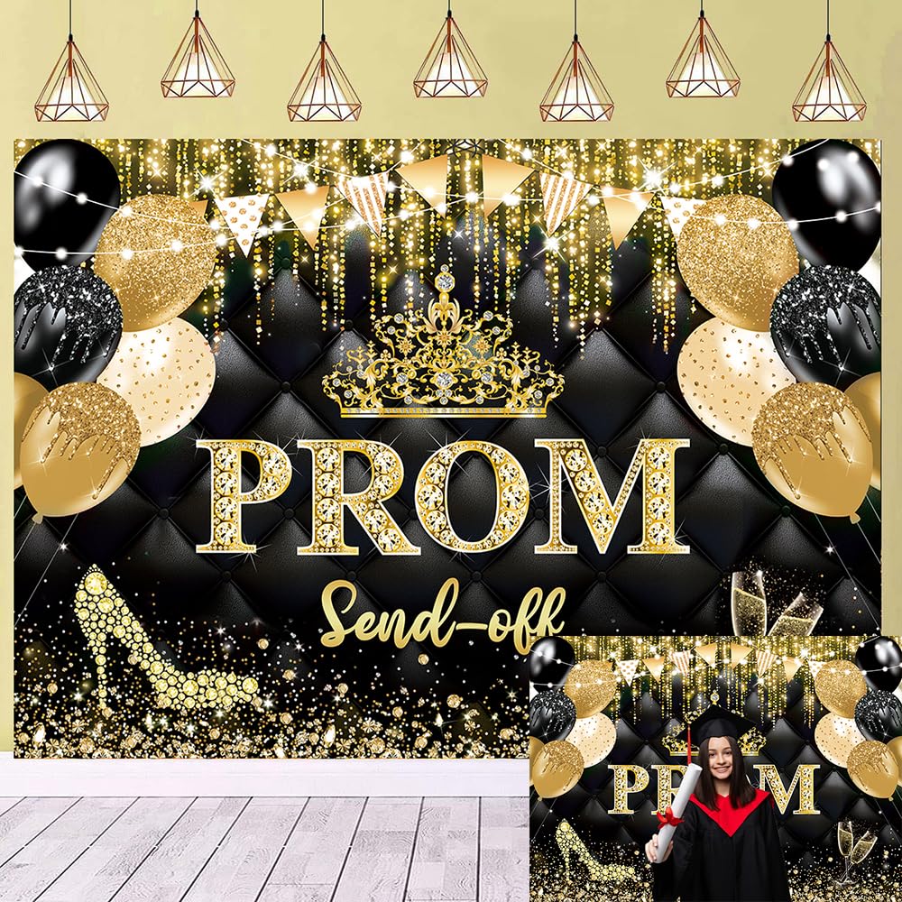 Prom 2026 Backdrop 8x6FT Black and Gold Glitter Prom Send Off Photography Backdrop Gold Glitter Champagne Congrats Graduation Party Decorations Banner