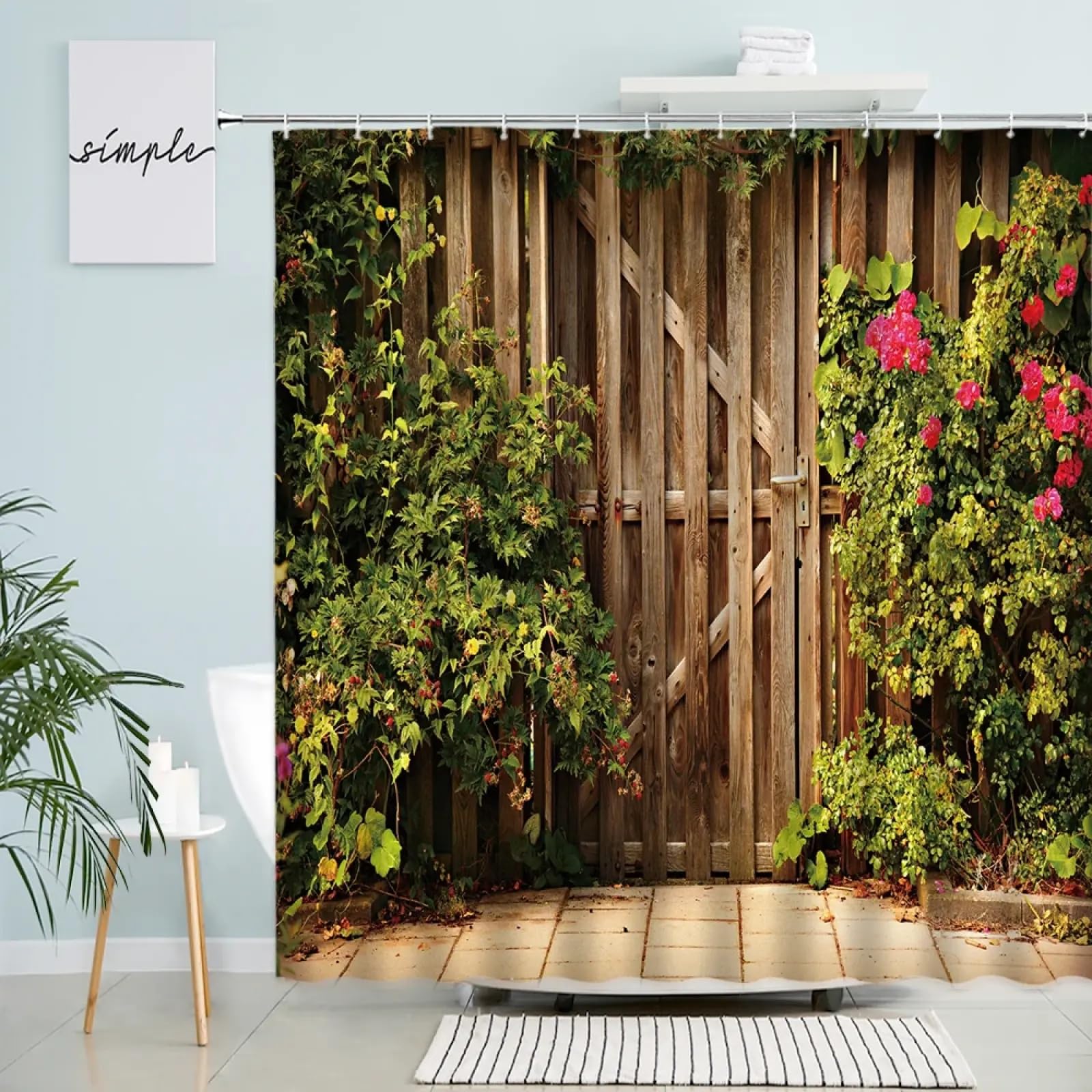 Rideaux de douche rustiques style espagnol porte en bois et fenêtre grillagée