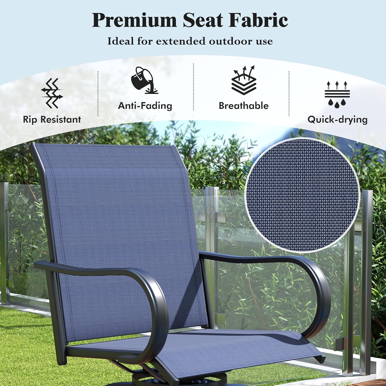 Tangkula Outdoor Swivel Bar Stools Set of 2, Bar Height Tall Patio Chairs with Armrests & High Back, Cozy Footrest & Solid Metal Support, High Top Bar Chairs for Backyard, Balcony, Poolside (1, Navy)