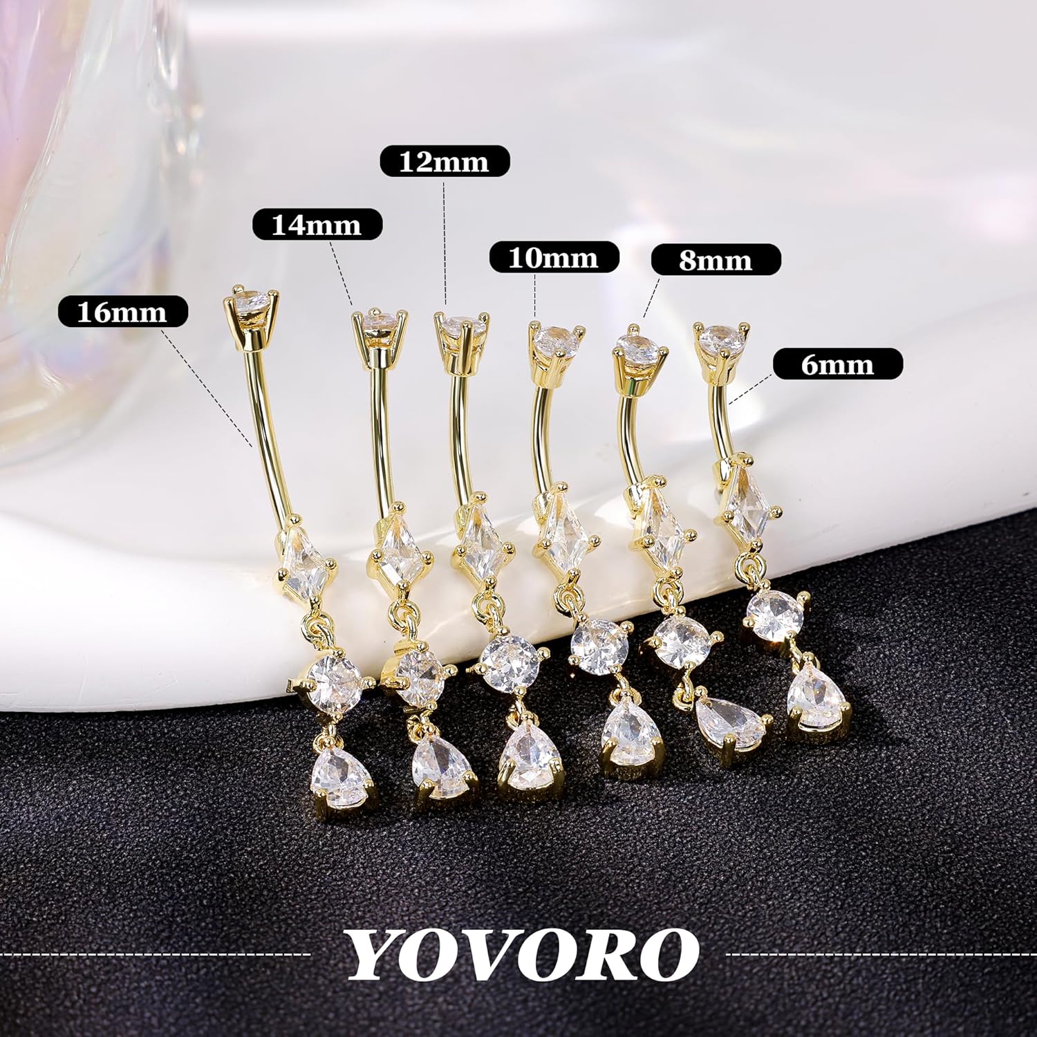 14G Surgical Steel Dangle Belly Button Ring for Women Teardrop Dangling Navel Ring Hypoallergenic Barbell CZ Belly Piercing Jewelry 6-16MM - Image 2