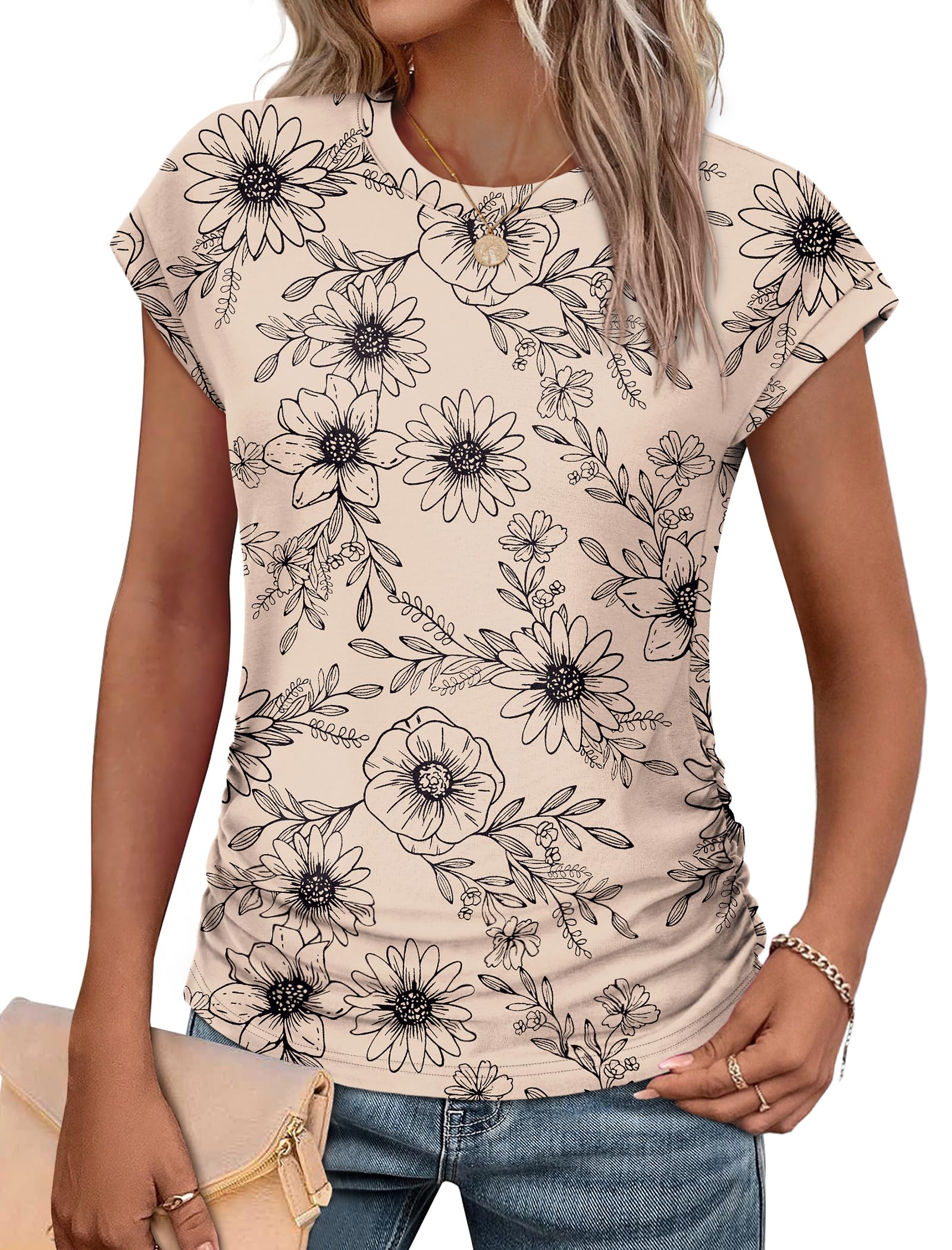 SAMPEEL Womens Summer Tops Trendy 2025 Ruched Cap Short Sleeve Tshirts Shirts Crew Neck T Shirts Fashion