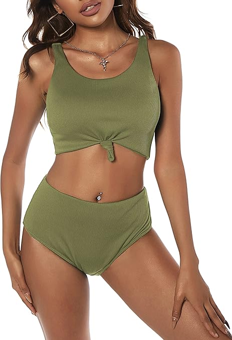 ZAFUL Women's High Waisted Tankini Scoop Neck Knotted Two Pieces Tankini Set Swimsuit