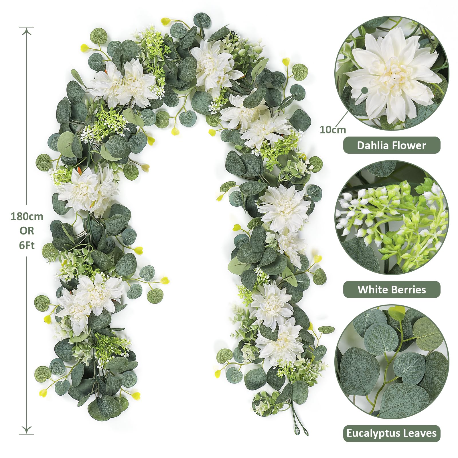 OrgMemory Guirlande De Dahlias, Fausse Verdure Avec Dahlias Blanc, 190,5 Cm De Long, Guirlande D'eucalyptus Pour Décoration De Porte De Mariage, Plante Murale (bordeaux