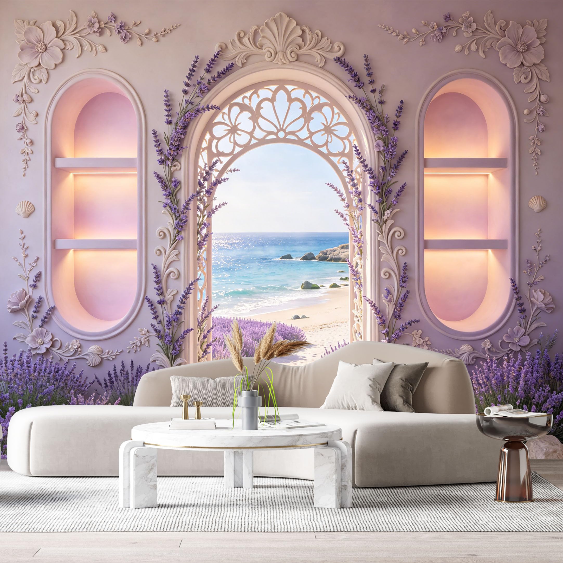 Custom Size Wall Murals Fantasy Archway Coastal Lavender Botanical 3D Trompe L'Oeil SelfAdhesiveWall Fabric Removable Wallpaper Wall Decor for Living Room Bedroom Bathroom