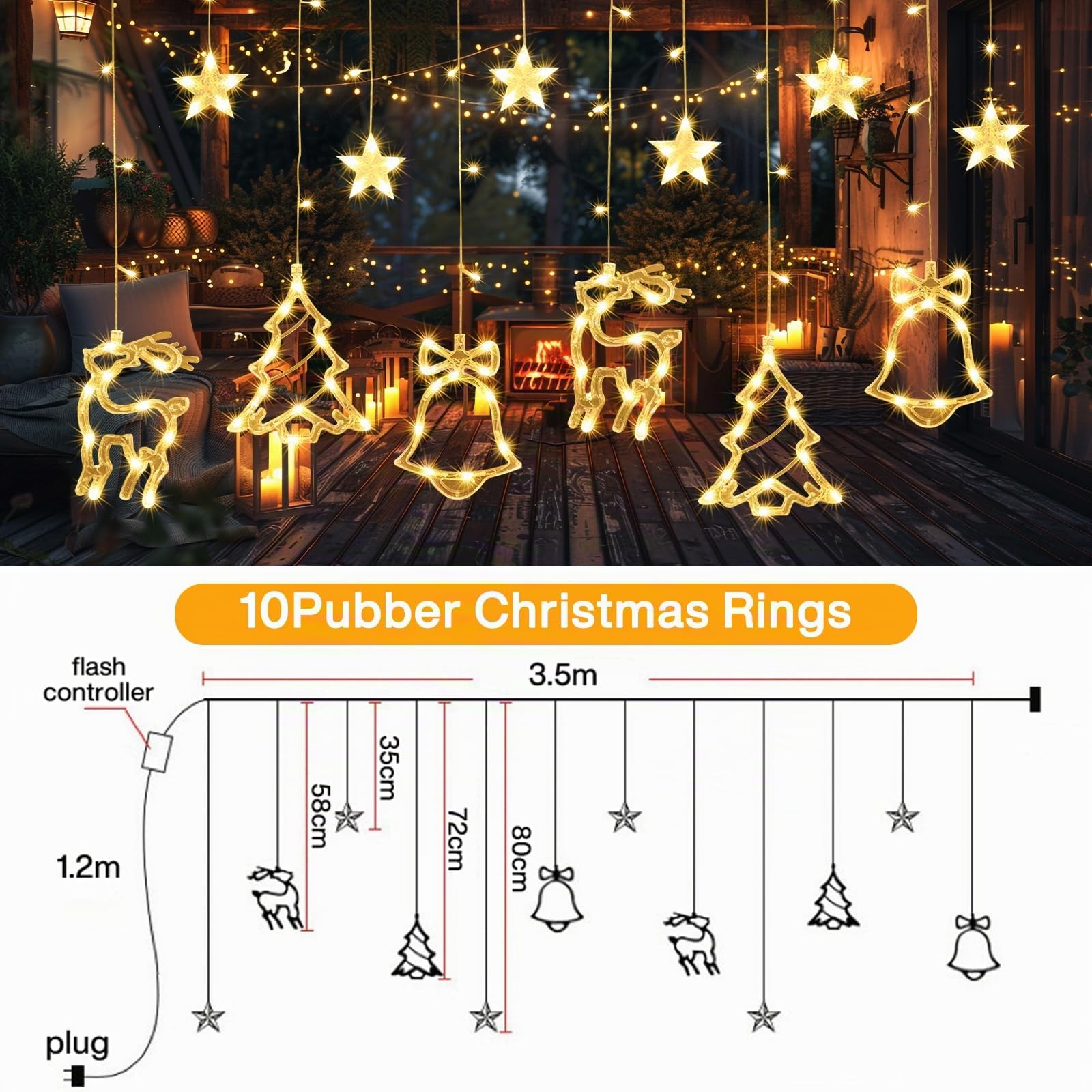 Lámpara de Ventosa de Navidad, 12 Piezas Luz de Ventana Navidad para Colgar​, Luz LED para Ventana con Ventosa, Luces de Decoración Navideña [Clase de eficiencia energética A]