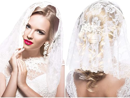 Miniatura 2 de Boao 2 Pieces Floral Lace Veils for Women Head Covering Latin Mass Mantilla Veils Short Scarf for Bridal